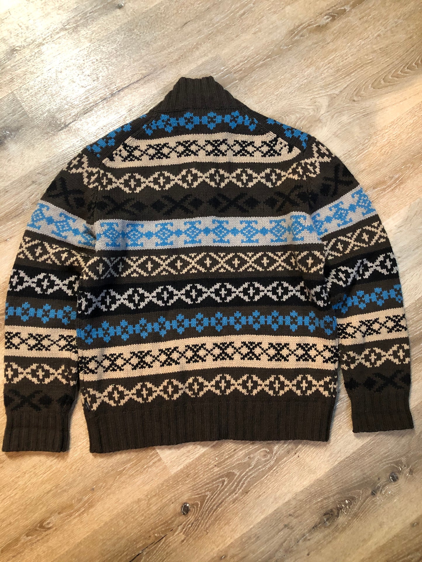 Kingspier Vintage - Cottonfield 80% lambswool blend zip cardigan with brown, beige, blue and black design. Size XL.