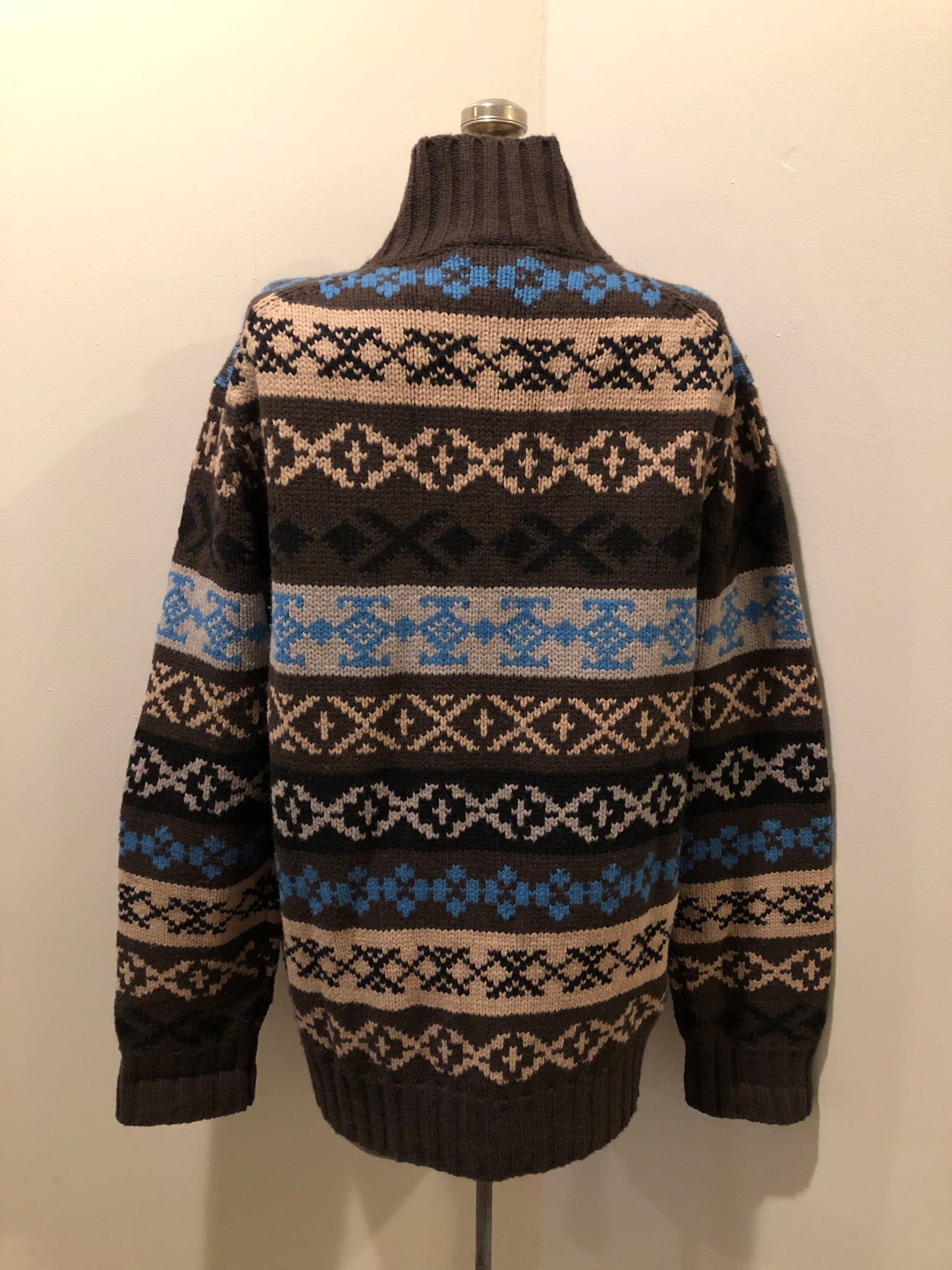 Kingspier Vintage - Cottonfield 80% lambswool blend zip cardigan with brown, beige, blue and black design. Size XL.