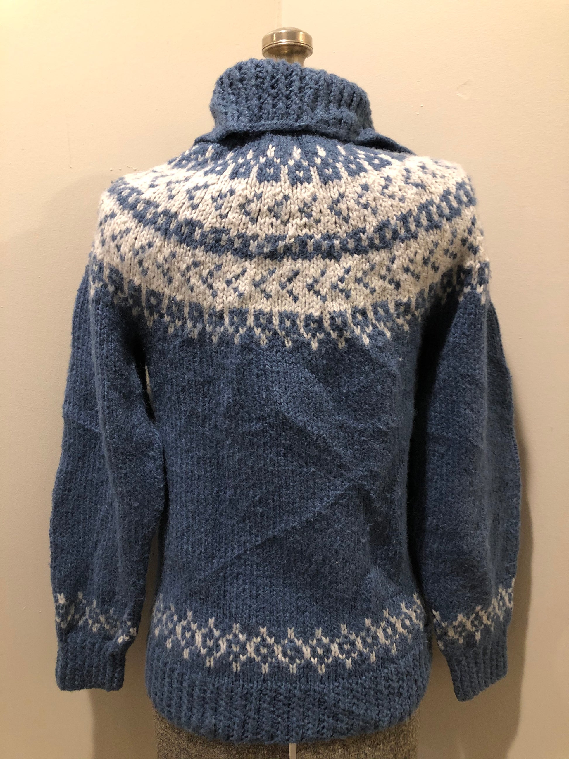 Kingspier Vintage - "Hand Knit acrylic blue and white Lopi style button up cardigan. Size small.