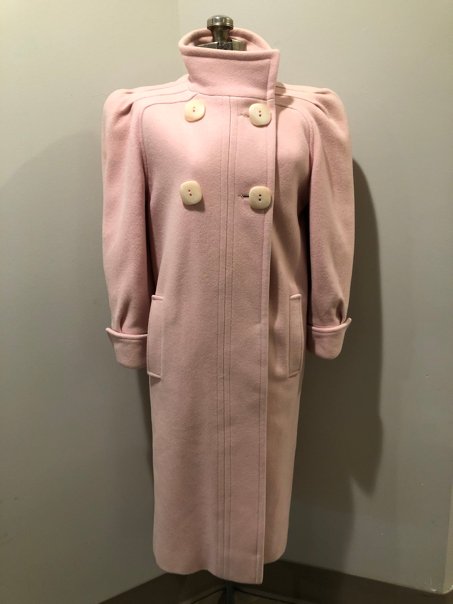 Kingspier Vintage - Novelti pink 100% wool double breasted coat with pleating detail in shoulders, cuffed sleeves, button and snap closures and vertical pockets. Made in Canada. Size small.