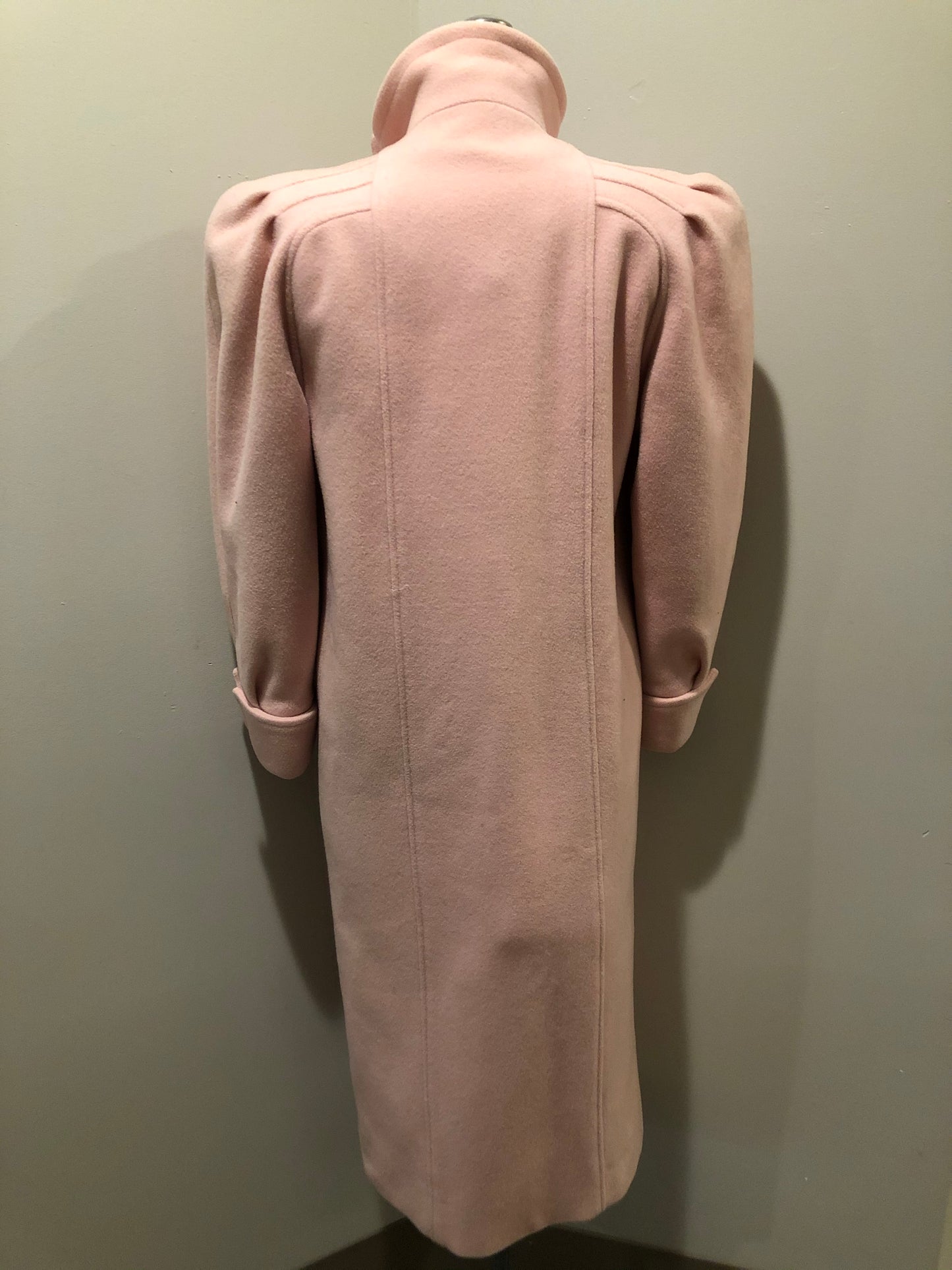 Kingspier Vintage - Novelti pink 100% wool double breasted coat with pleating detail in shoulders, cuffed sleeves, button and snap closures and vertical pockets. Made in Canada. Size small.