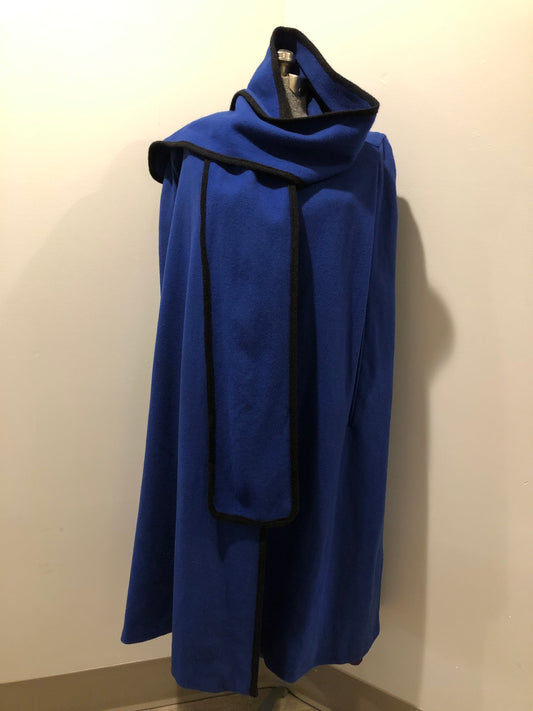 Kingspier Vintage - Alorna royal blue 100% wool cape with arm slits, attached scarf, satin like lining and inside pockets. Union made in USA.
