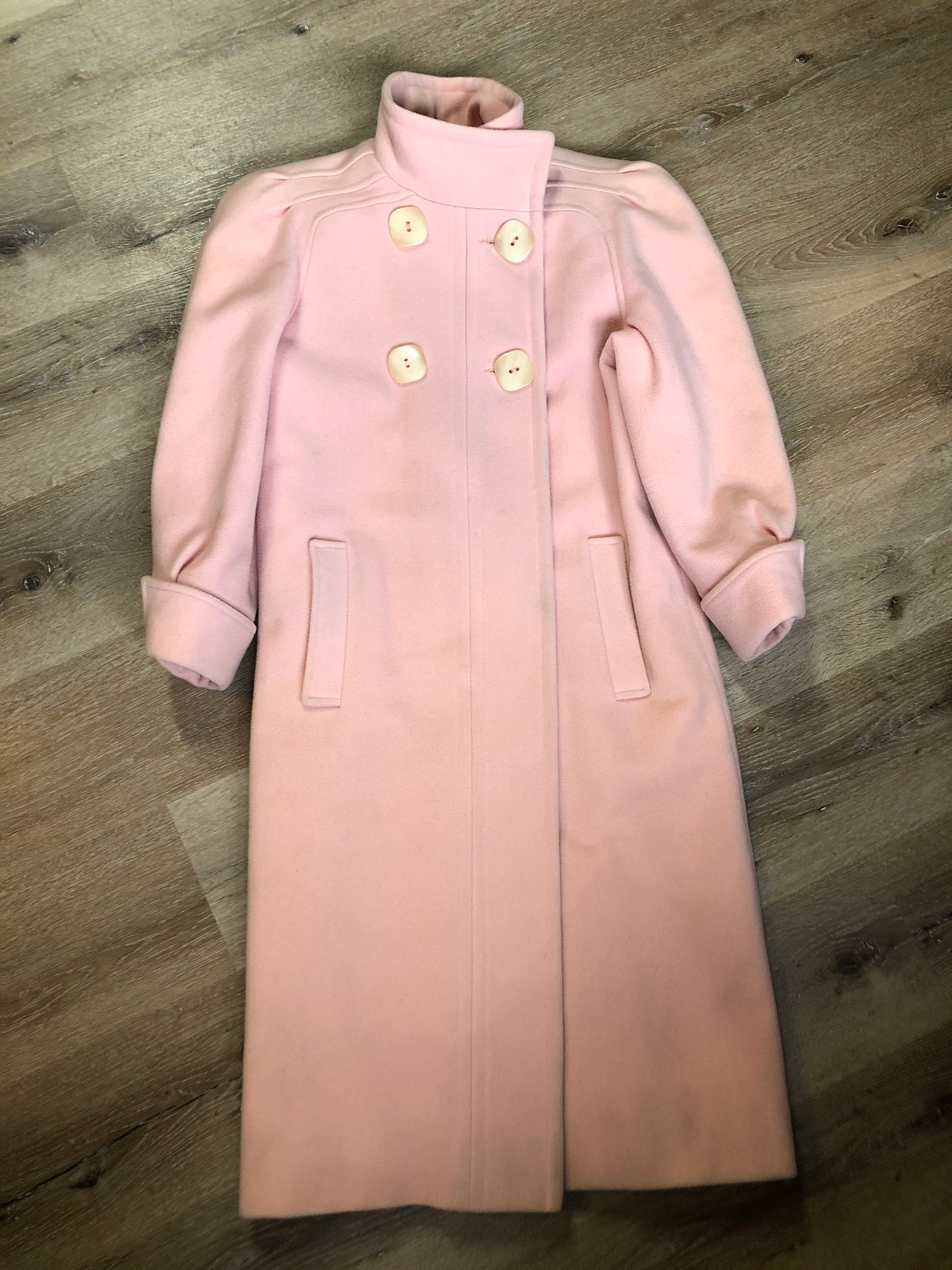 Kingspier Vintage - Novelti pink 100% wool double breasted coat with pleating detail in shoulders, cuffed sleeves, button and snap closures and vertical pockets. Made in Canada. Size small.