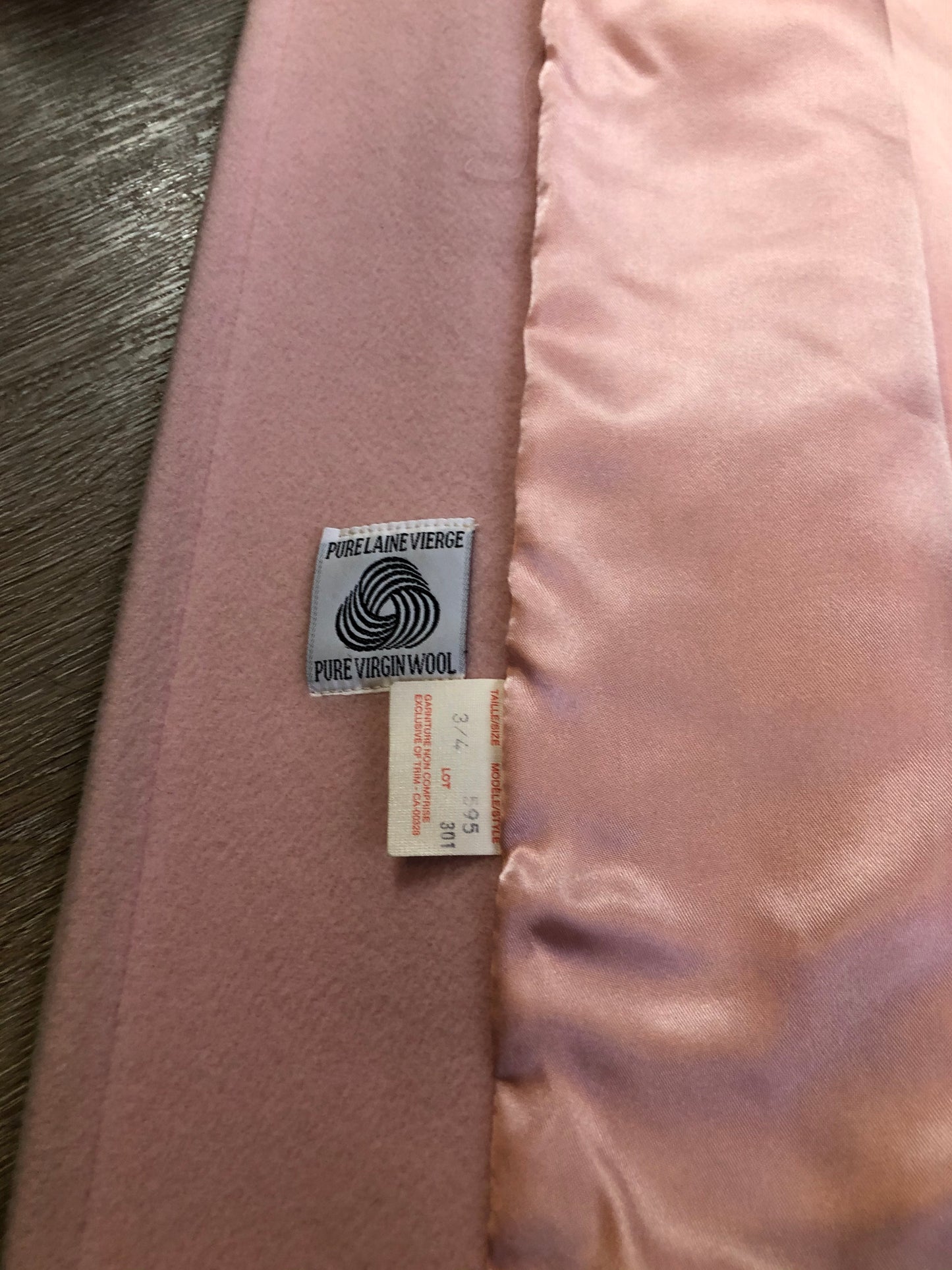 Kingspier Vintage - Novelti pink 100% wool double breasted coat with pleating detail in shoulders, cuffed sleeves, button and snap closures and vertical pockets. Made in Canada. Size small.