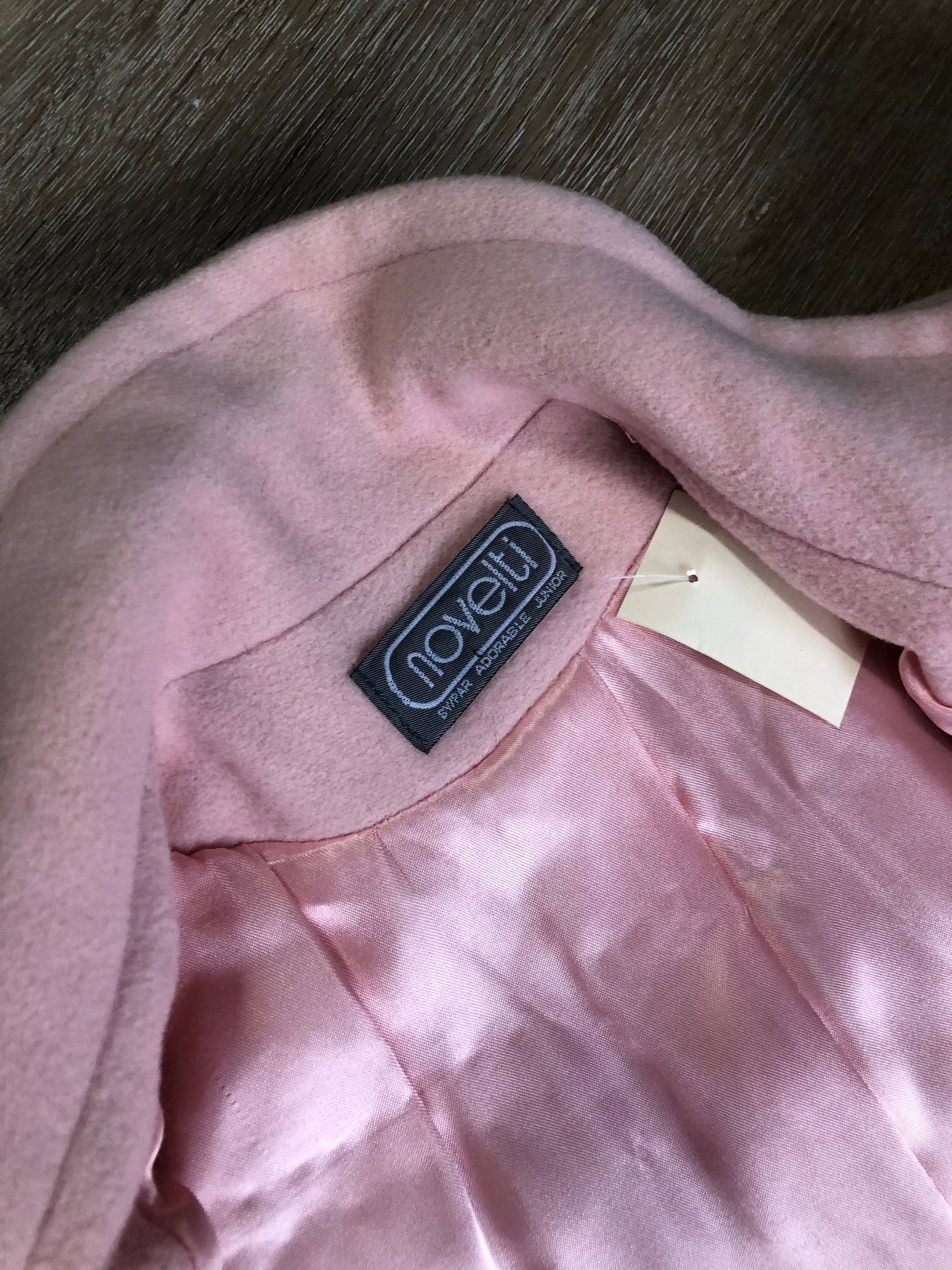 Kingspier Vintage - Novelti pink 100% wool double breasted coat with pleating detail in shoulders, cuffed sleeves, button and snap closures and vertical pockets. Made in Canada. Size small.
