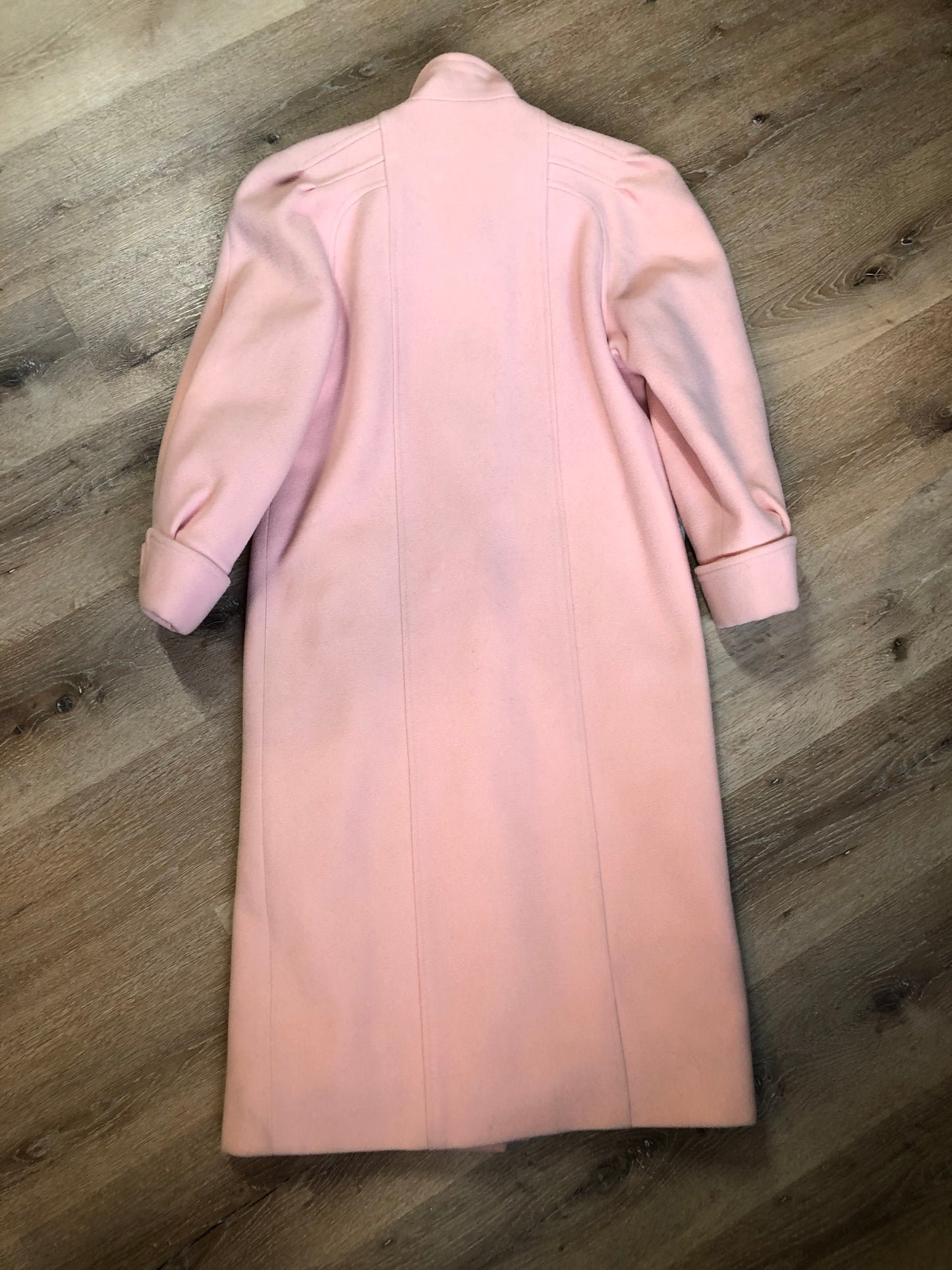 Kingspier Vintage - Novelti pink 100% wool double breasted coat with pleating detail in shoulders, cuffed sleeves, button and snap closures and vertical pockets. Made in Canada. Size small.