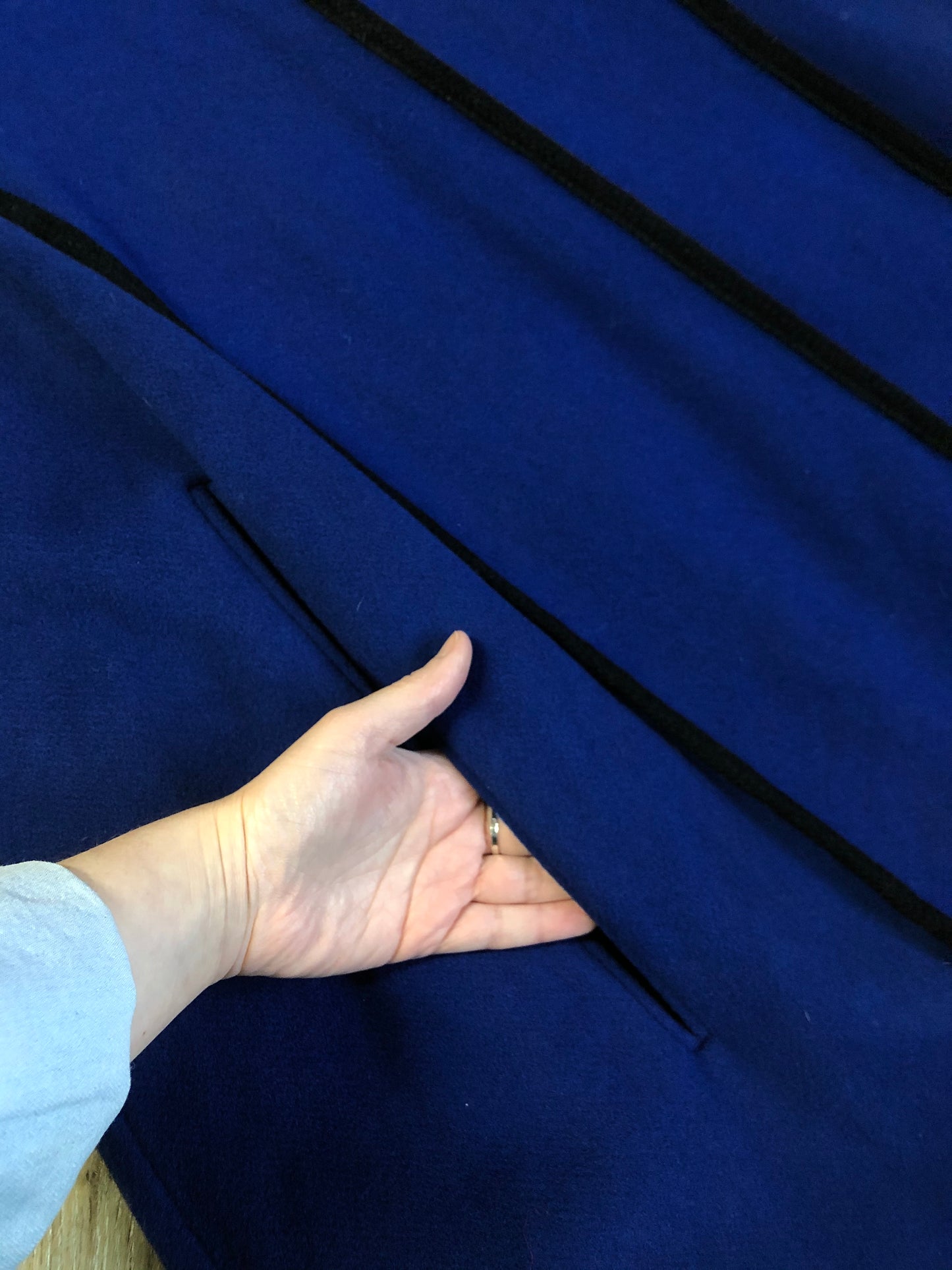 Kingspier Vintage - Alorna royal blue 100% wool cape with arm slits, attached scarf, satin like lining and inside pockets. Union made in USA.