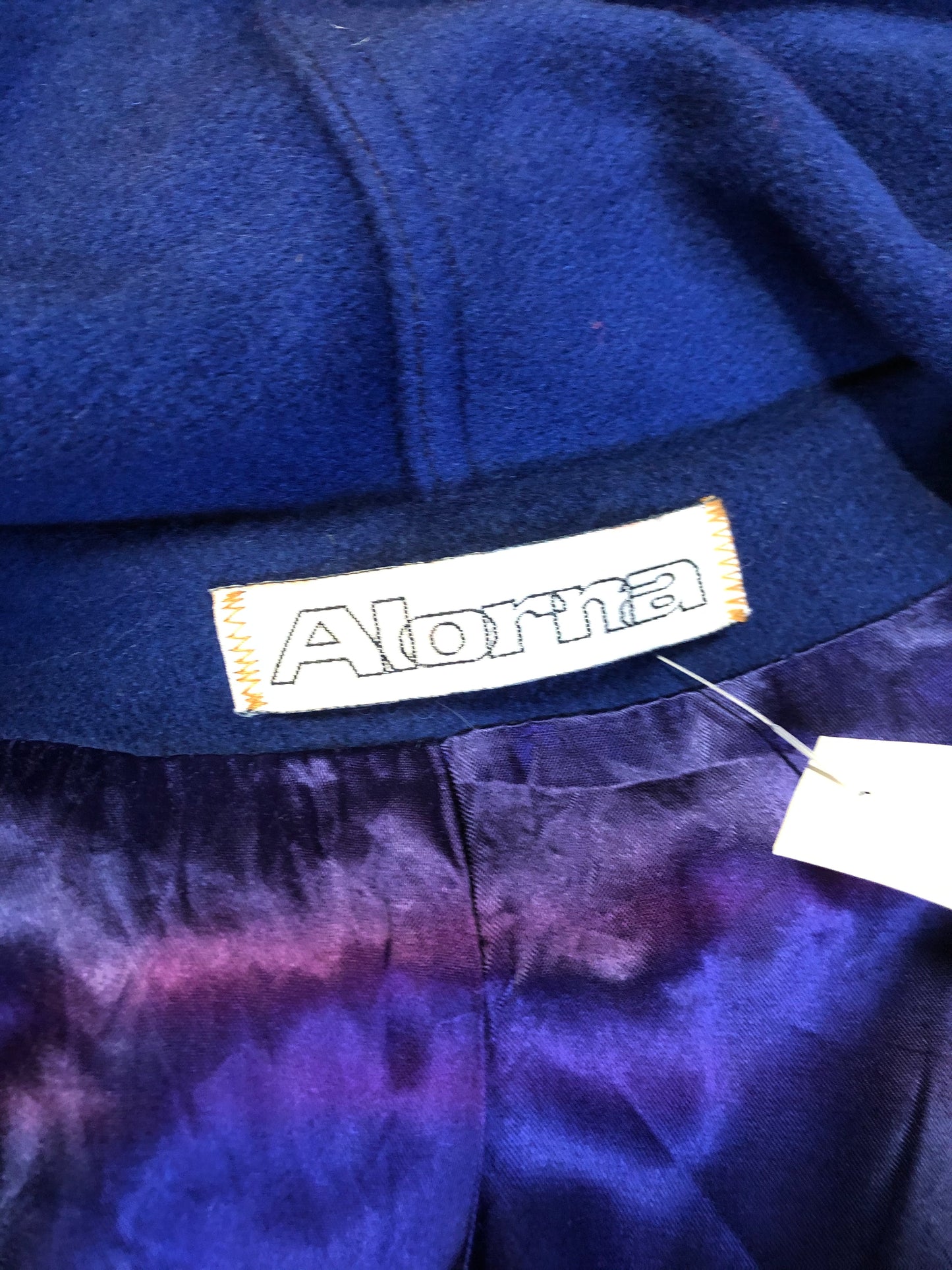 Kingspier Vintage - Alorna royal blue 100% wool cape with arm slits, attached scarf, satin like lining and inside pockets. Union made in USA.