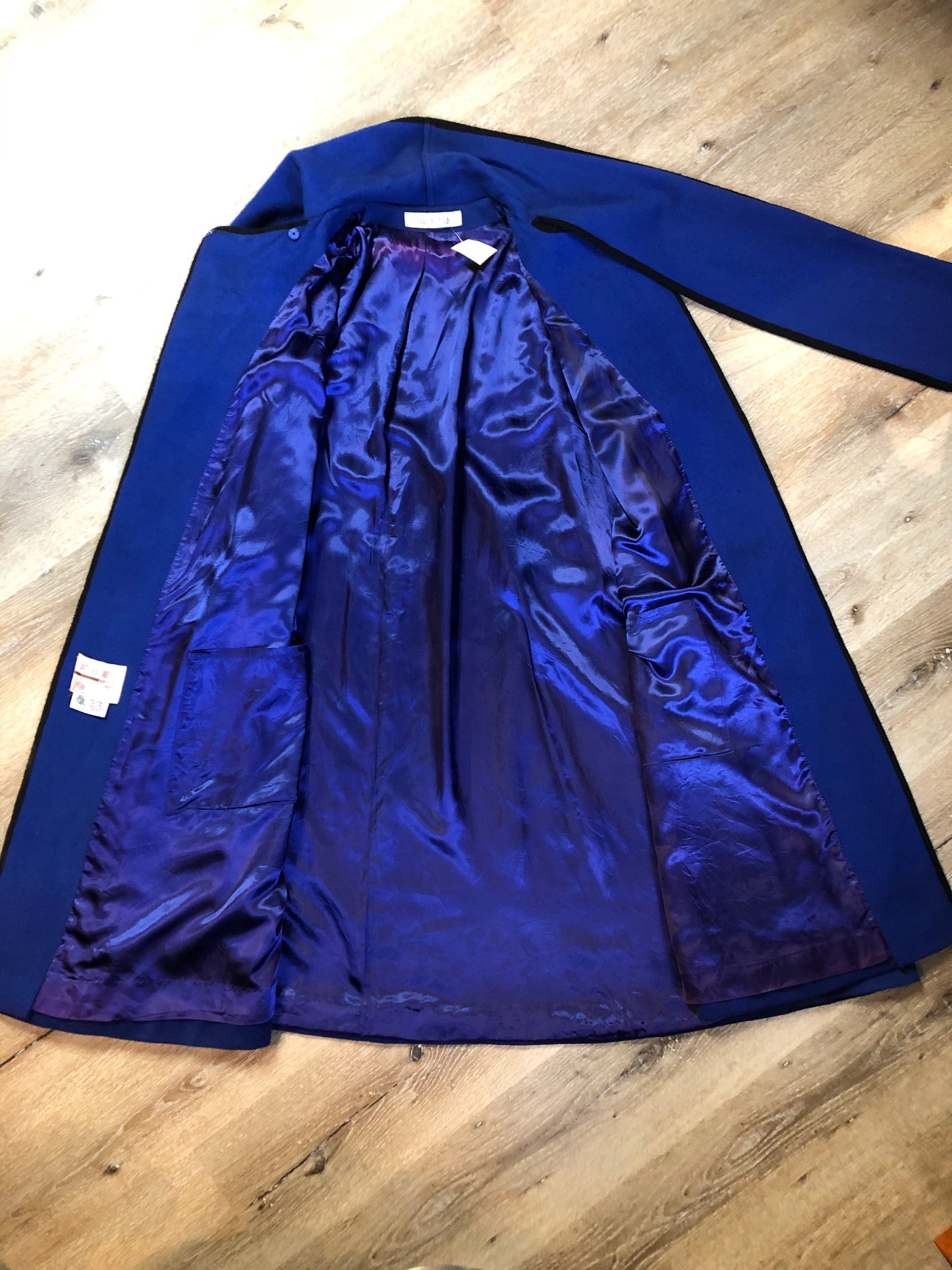 Kingspier Vintage - Alorna royal blue 100% wool cape with arm slits, attached scarf, satin like lining and inside pockets. Union made in USA.