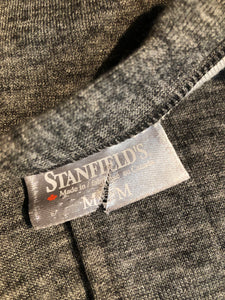 Kingspier Vintage - Stanfield''s deadstock duofold / layered jersey knit union suits in red or grey.  The Stanfield's union suits are ingeniously designed with wicking and insulating layers of wool and cotton blends and have been a "staple" of Stanfield’s for many decades.  Inner Layer: 50% Cotton/ 50% Polyester  Outer Layer: 50% merino wool/ 50% Polyester  These onsies are irregular/seconds...we're calling them “I’mperfects” as imperfections are undetectable.