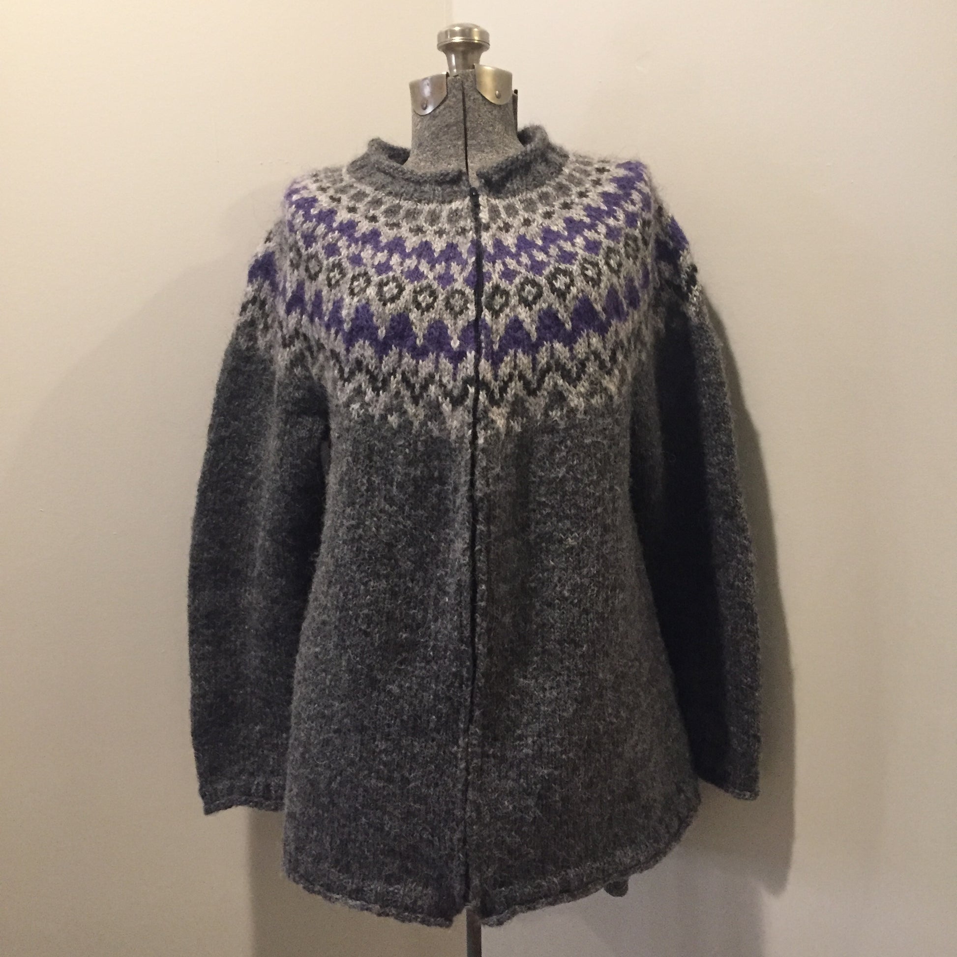 Kingspier Vintage - Hand knit grey and purple wool zip-up cardigan. Made in Nova Scotia. Size large.