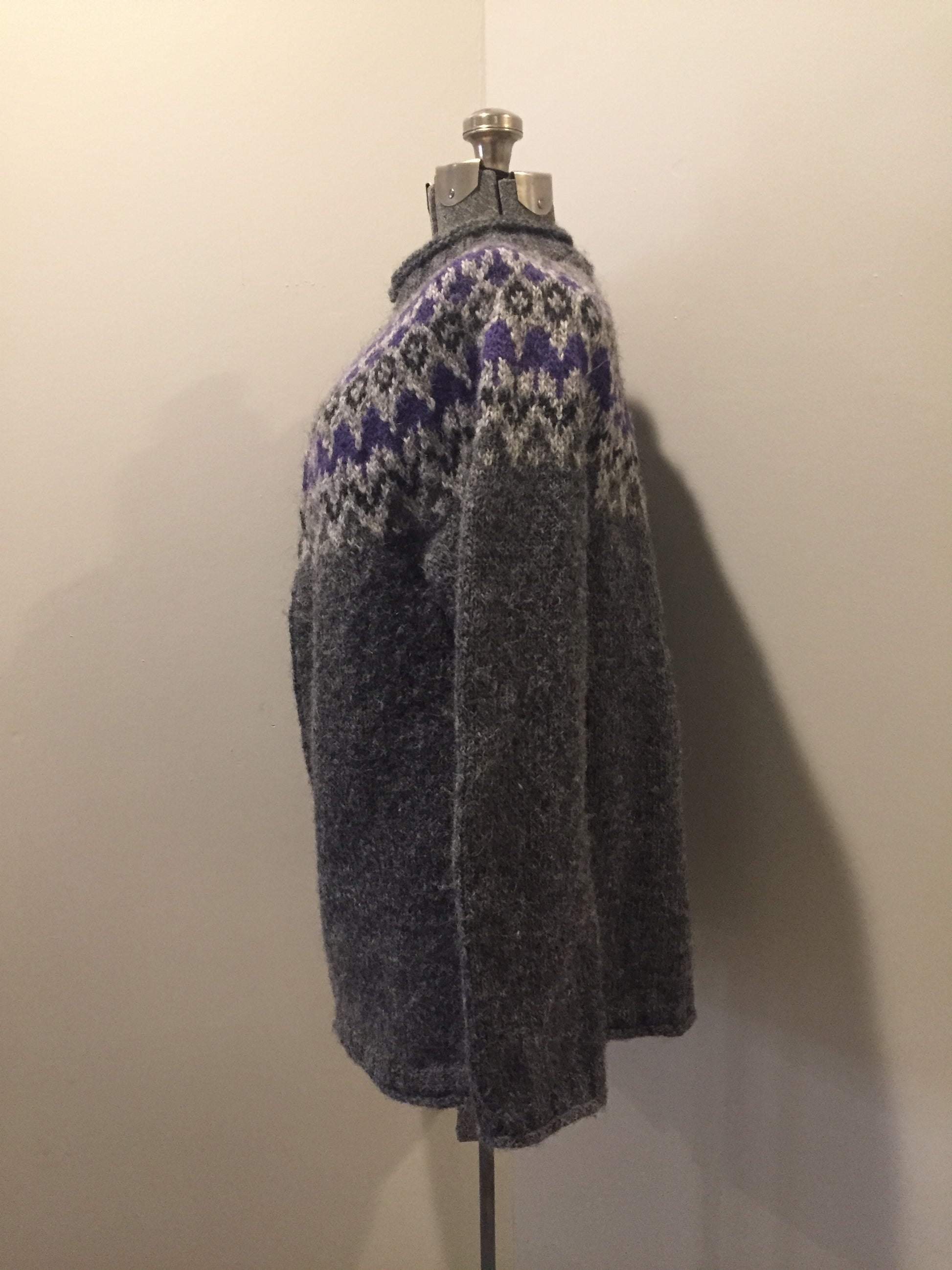 Kingspier Vintage - Hand knit grey and purple wool zip-up cardigan. Made in Nova Scotia. Size large.