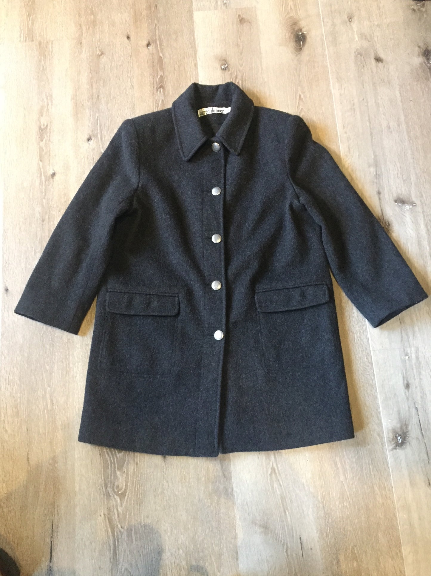 Kingspier Vintage - Alfred Dunner grey 100% wool coat with ornate silver buttons and flap pockets. Made in USA. Size 12.