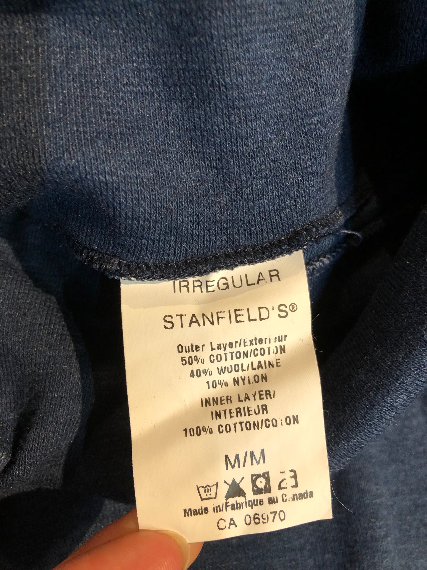 Stanfield''s deadstock duofold / layered turtleneck long sleeve shirt.
Outer layer - 50% cotton/ 40% wool/ 10% nylon
Inner layer-100% cotton
Made in Nova Scotia, Canada.