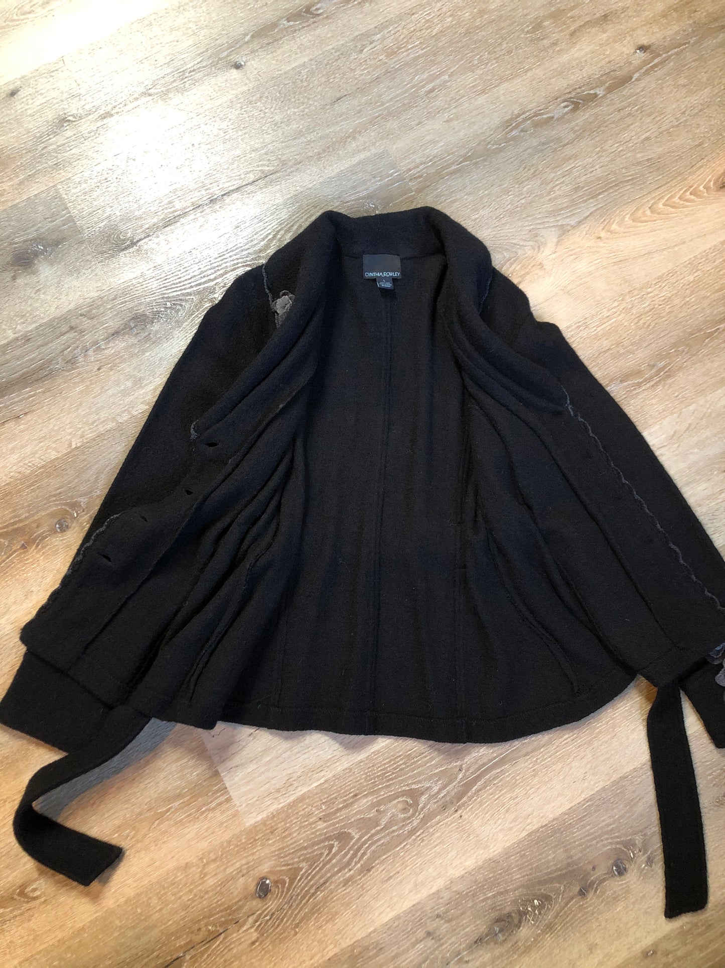 Kingspier Vintage - Cynthia Rowley black belted wool cardigan with buttons and grey wool flower details. Size medium.