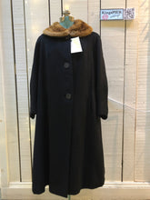 Load image into Gallery viewer, Kingspier Vintage - Vintage alpaca and beaver felt black coat featuring a mink fur collar, button closures, two front pockets and satin lining.Size medium/ large.
