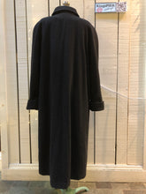 Load image into Gallery viewer, Kingspier Vintage - Vintage Luba limited edition lambswool blend long black coat with woven detail on the front, button closures, two pockets in the front and a satin lining.Made in Romania.Size 16.
