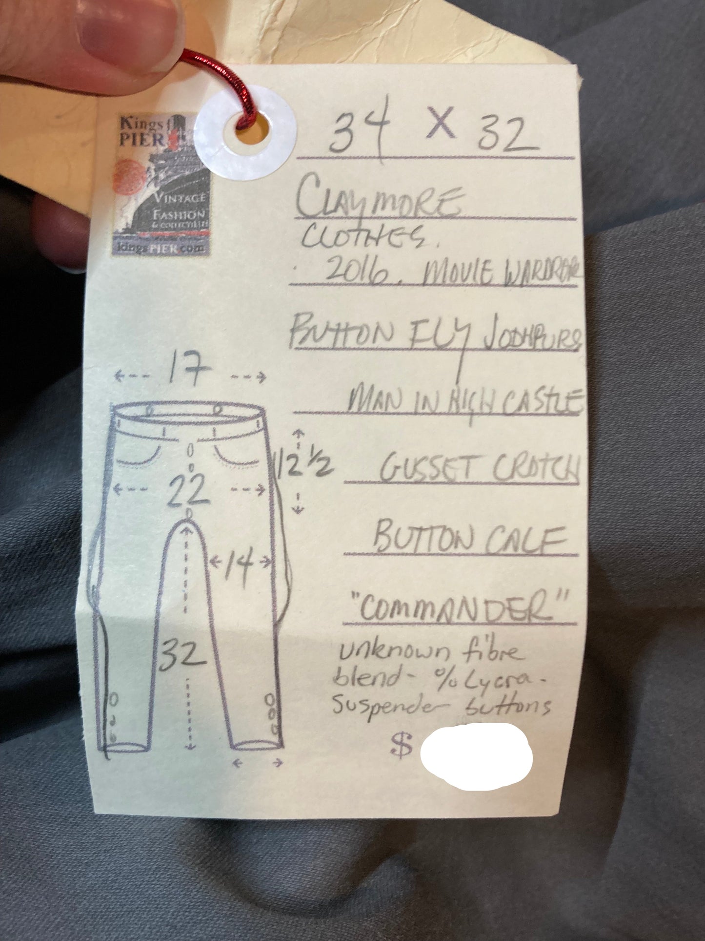 Kingspier Vintage - Claymore Clothes Jodhpurs - 34”x32”
Movie wardrobe from “Man in the High Castle” for the “commander”
Button fly
Button calf
Suspender buttons
Gusset crotch