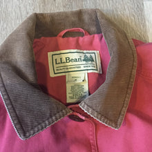 Load image into Gallery viewer, Kingspier Vintage - LL Bean red chore jacket with corduroy collar and cuffs, button closures, hand warmer pockets and flap pockets. 100% Cotton shell. Women’s size medium.

