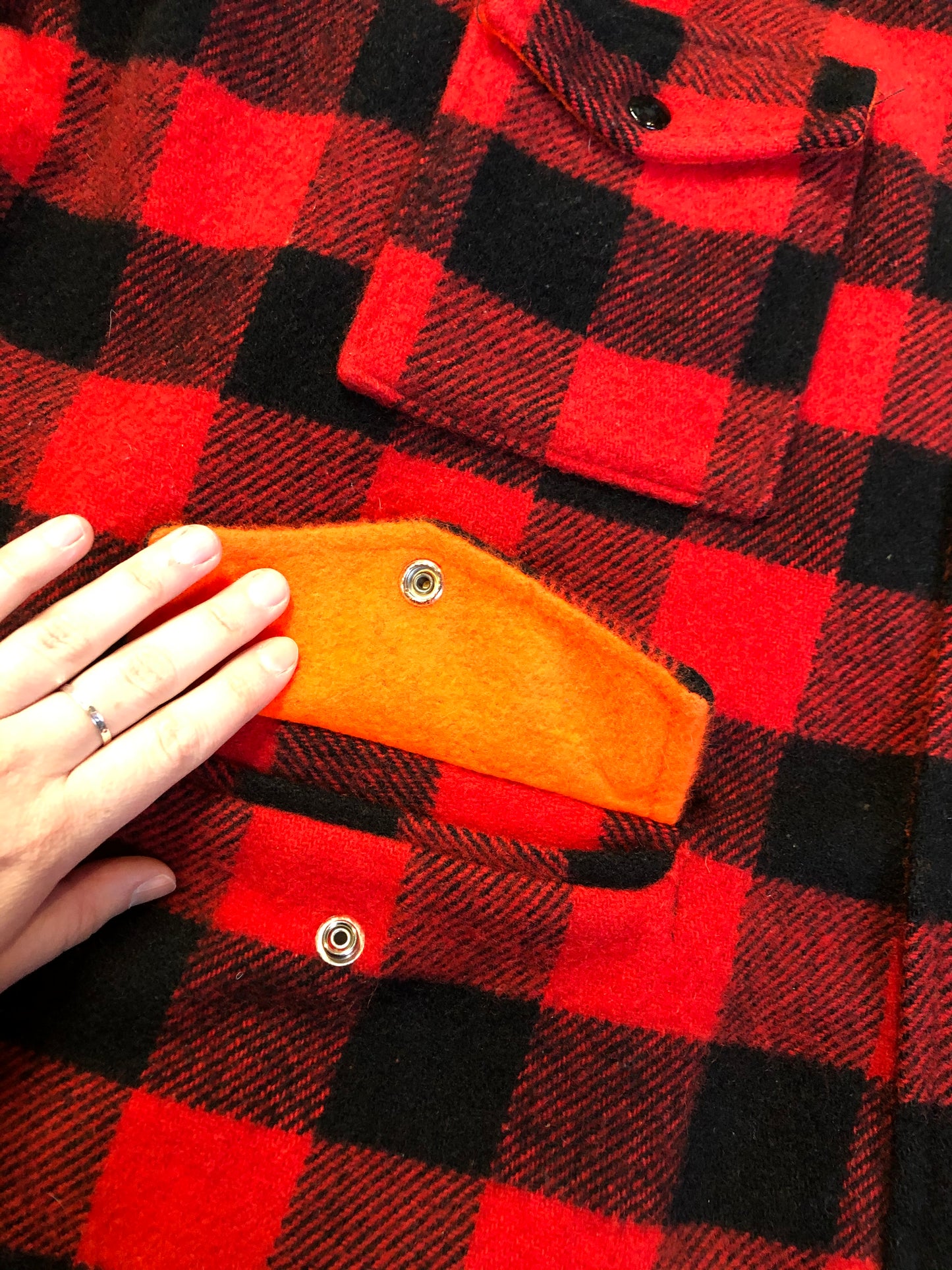 Kingspier Vintage - Vintage Codet Red Plaid Wool Blaze Orange Reversible Hunting Jacket, Made in Canada