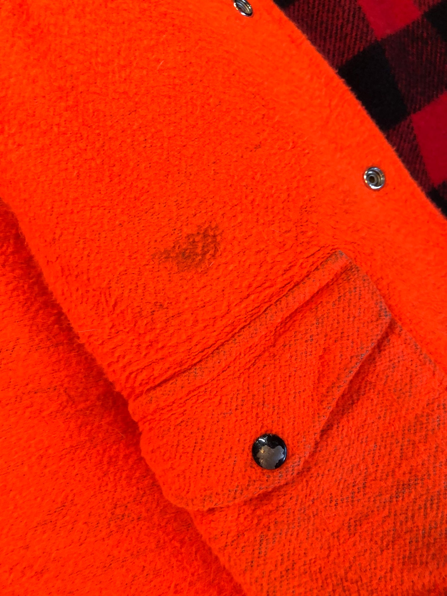 Kingspier Vintage - Vintage Codet Red Plaid Wool Blaze Orange Reversible Hunting Jacket, Made in Canada