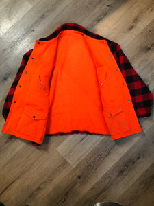 Kingspier Vintage - Vintage Codet Red Plaid Wool Blaze Orange Reversible Hunting Jacket, Made in Canada