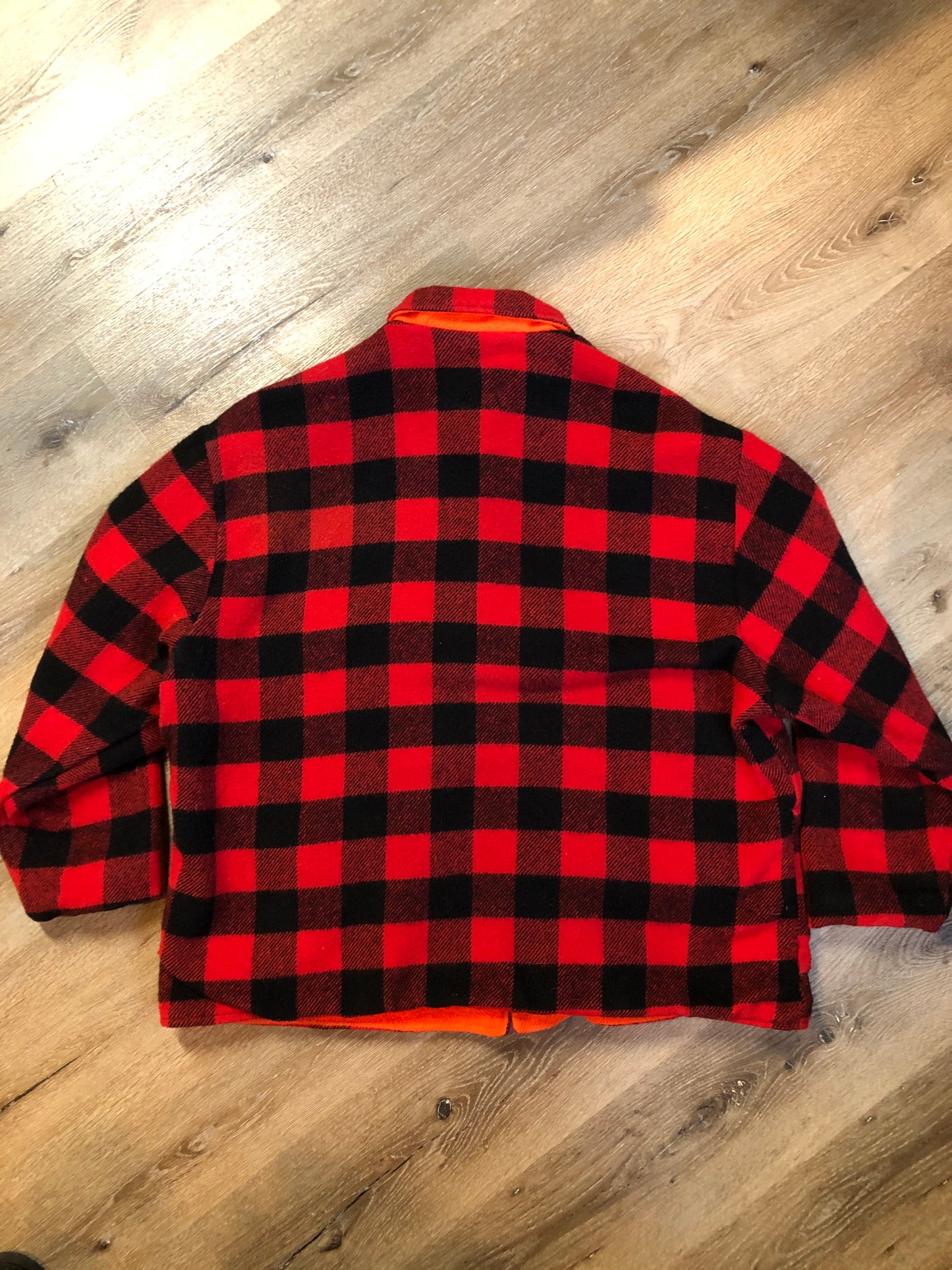 Kingspier Vintage - Vintage Codet Red Plaid Wool Blaze Orange Reversible Hunting Jacket, Made in Canada
