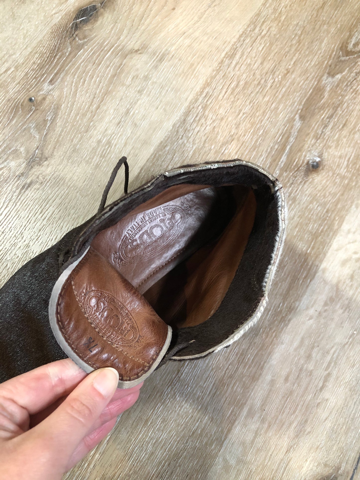 Vintage JP Tod’s brown and white cowhide, three eyelet, leather lined boots. Made in Italy. Size 7.5 US Womens