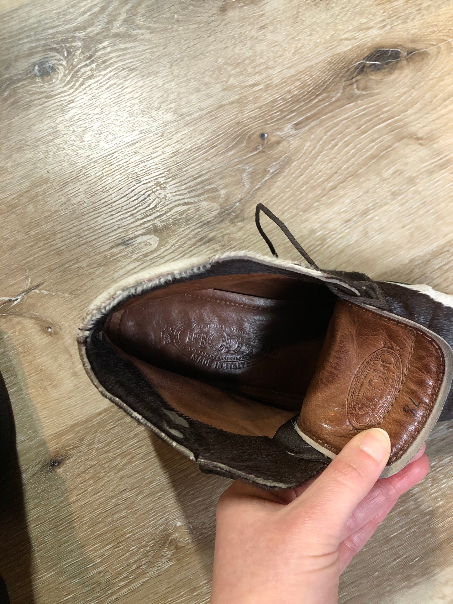 Vintage JP Tod’s brown and white cowhide, three eyelet, leather lined boots. Made in Italy. Size 7.5 US Womens