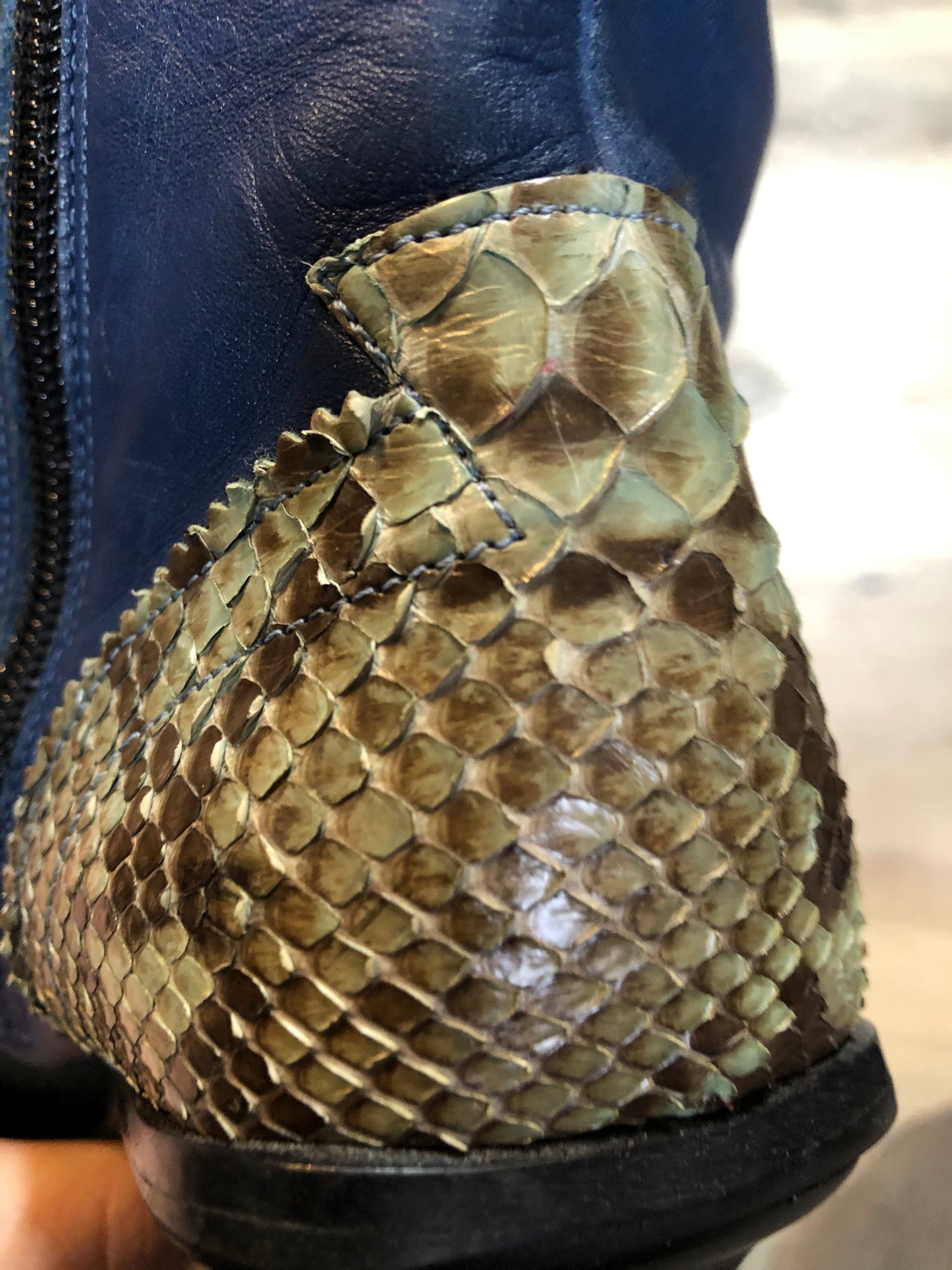 Vintage 90’s Pegabo Attitude blue leather high heel Boot with genuine snakeskin accents, rectangle heel and square toe. Made in Italy.
Size 38 EUR Womens