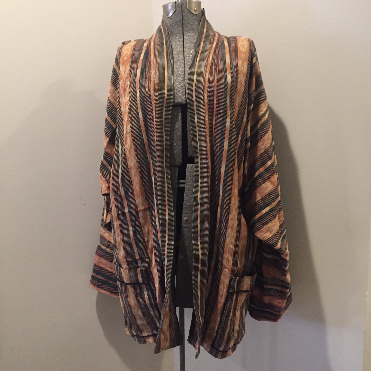 Kingspier Vintage - Handwoven striped tapestry duster with patch pockets. Size large.
