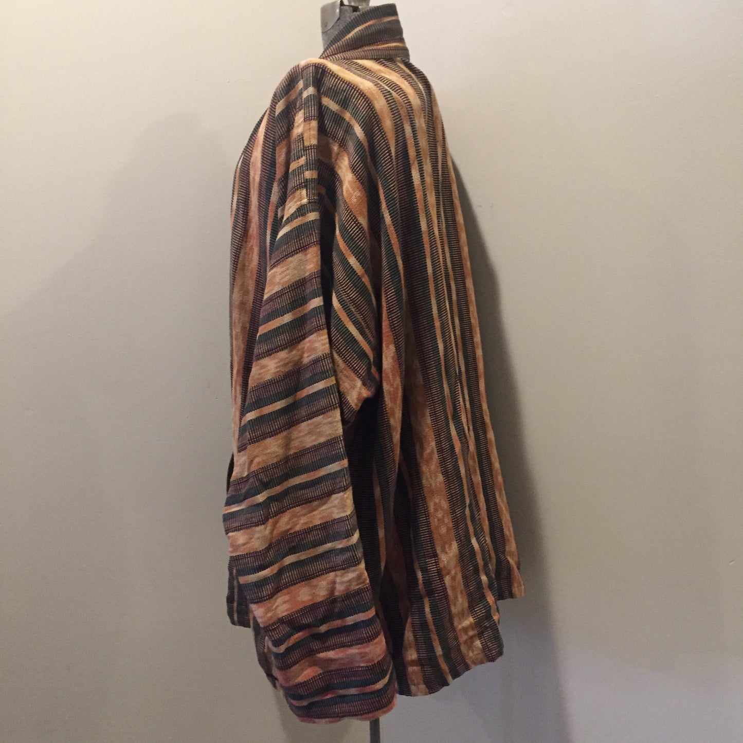 Kingspier Vintage - Handwoven striped tapestry duster with patch pockets. Size large.