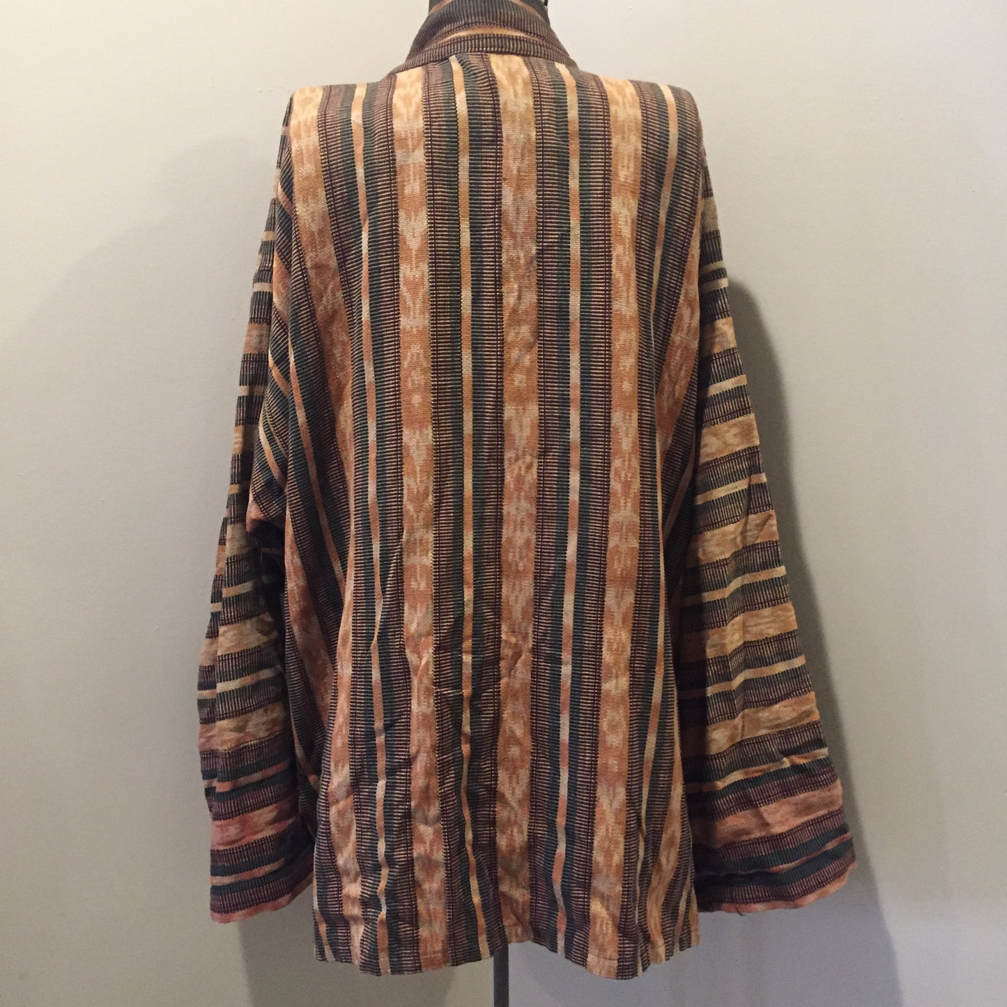 Kingspier Vintage - Handwoven striped tapestry duster with patch pockets. Size large.