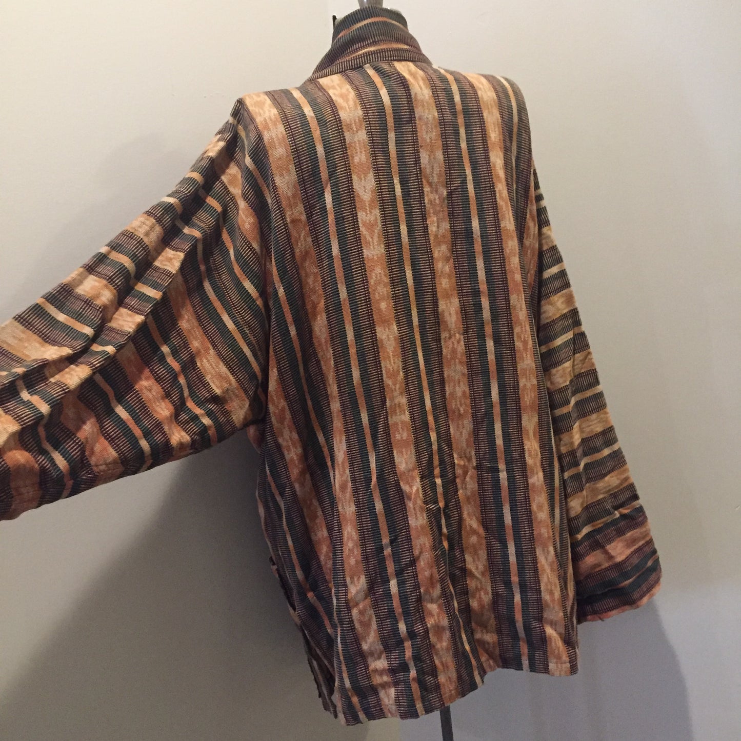 Kingspier Vintage - Handwoven striped tapestry duster with patch pockets. Size large.