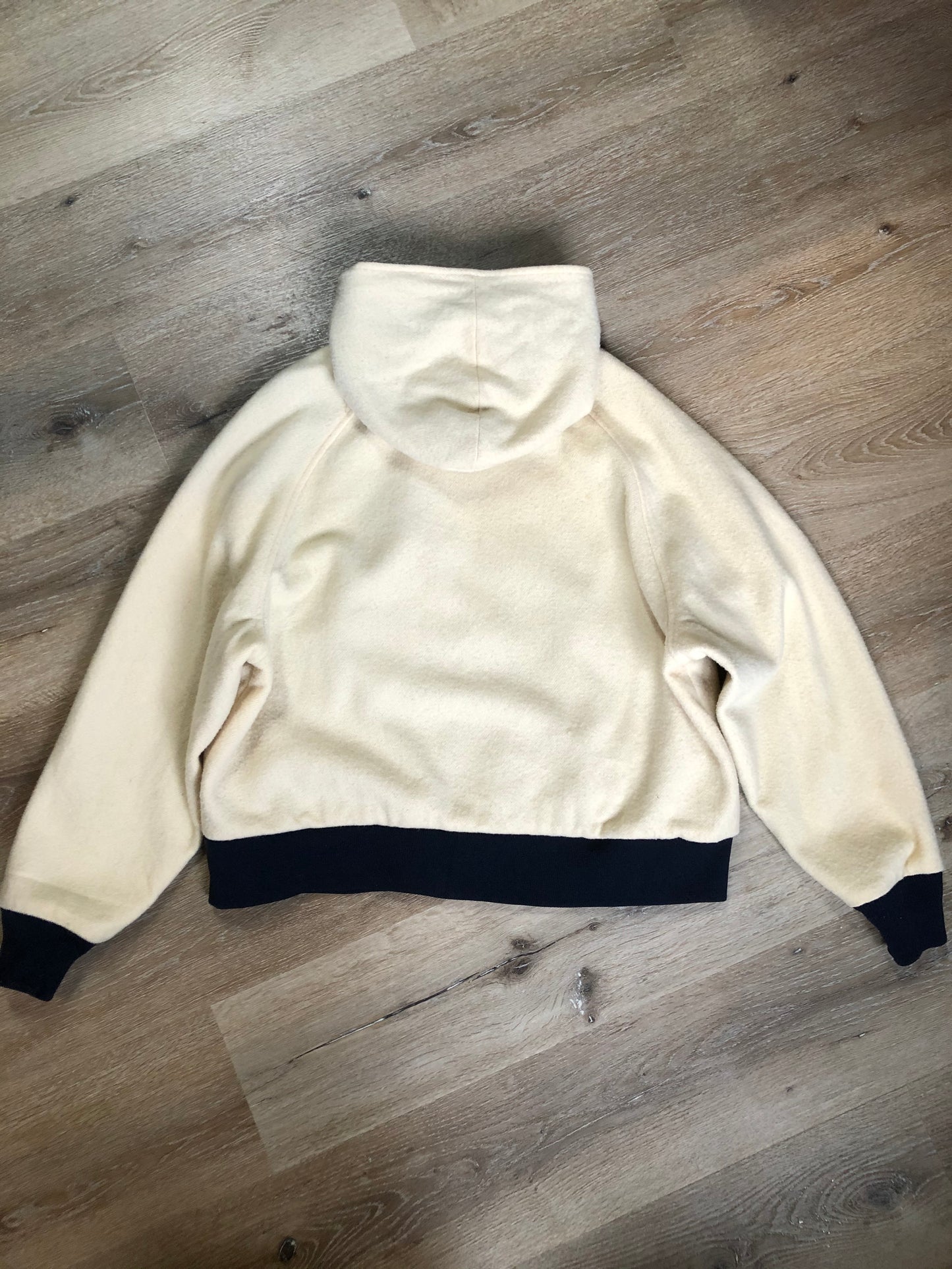 Kingspier Vintage - Woolrich white 100% wool jacket with hood, zipper closure, two zip pockets, knit trim and poly blend liner. Made in USA. Size XL.