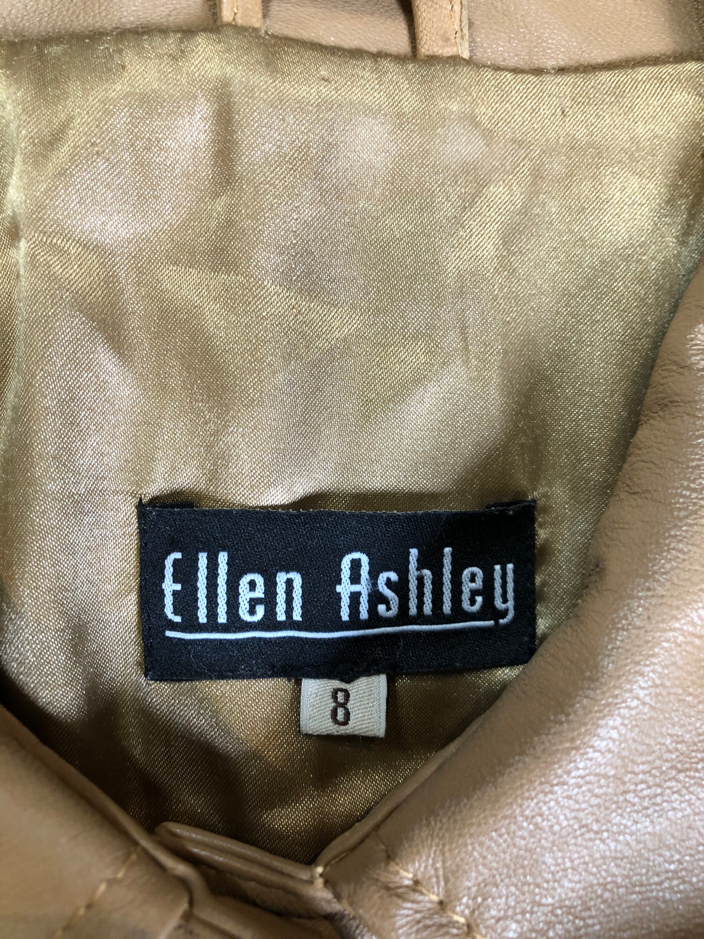 Kingspier Vintage - Ellen Ashley tan leather jacket with button closures and two flap pockets on the chest. Size 8.