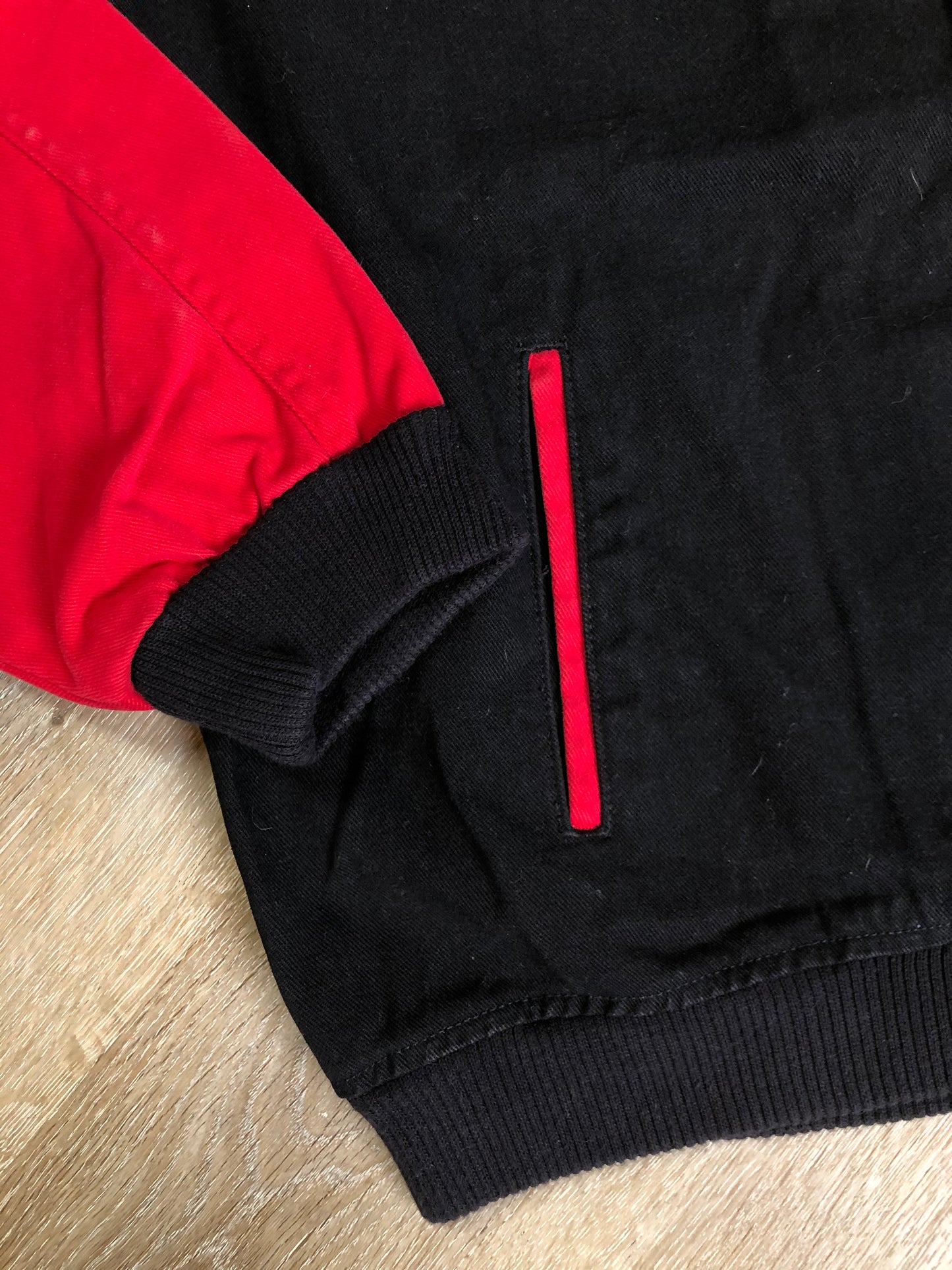 Kingspier Vintage - “I.D.” 90’s deadstock black and red 100% cotton varsity style jackets. Made in Canada. Size XL.