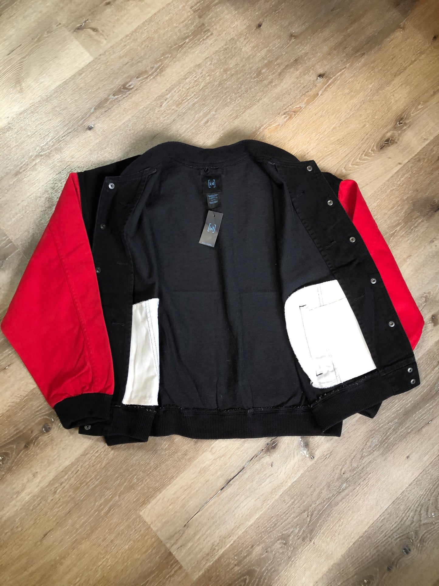 Kingspier Vintage - “I.D.” 90’s deadstock black and red 100% cotton varsity style jackets. Made in Canada. Size XL.