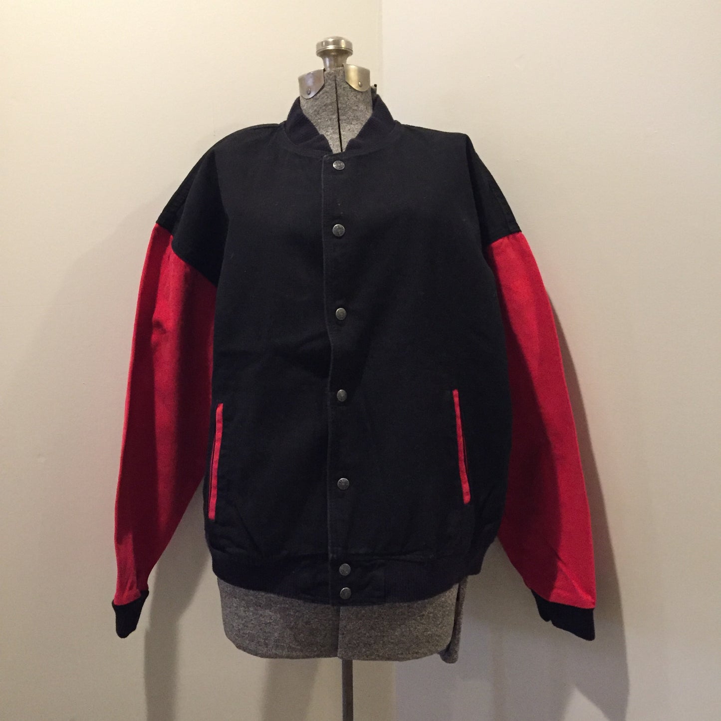 Kingspier Vintage - “I.D.” 90’s deadstock black and red 100% cotton varsity style jackets. Made in Canada. Size XL.