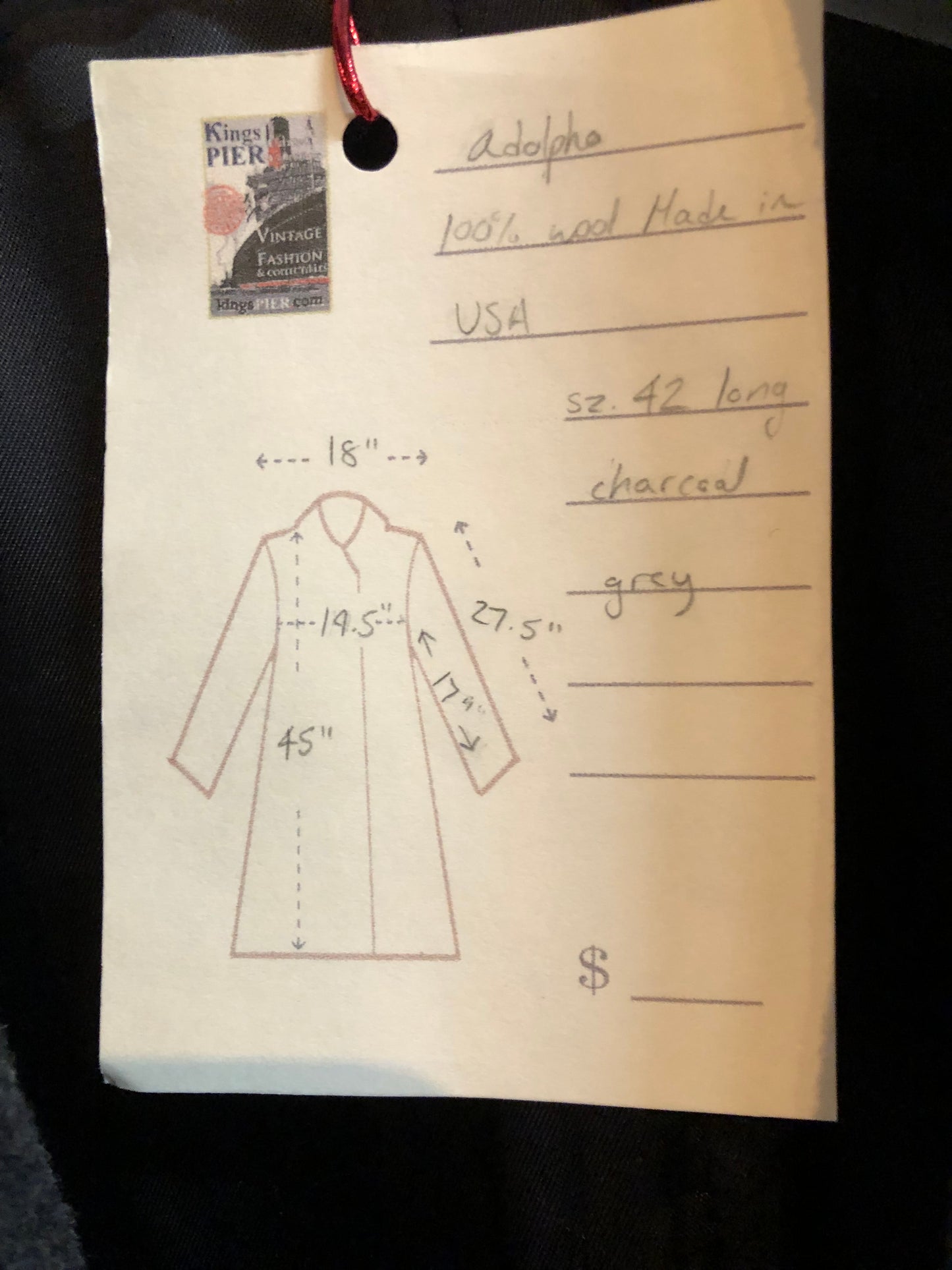 Kingspier Vintage - Vintage Adolfo 100% wool coat in charcoal grey, button closures and front flap pockets.
Size 42 Long.
Made in USA.