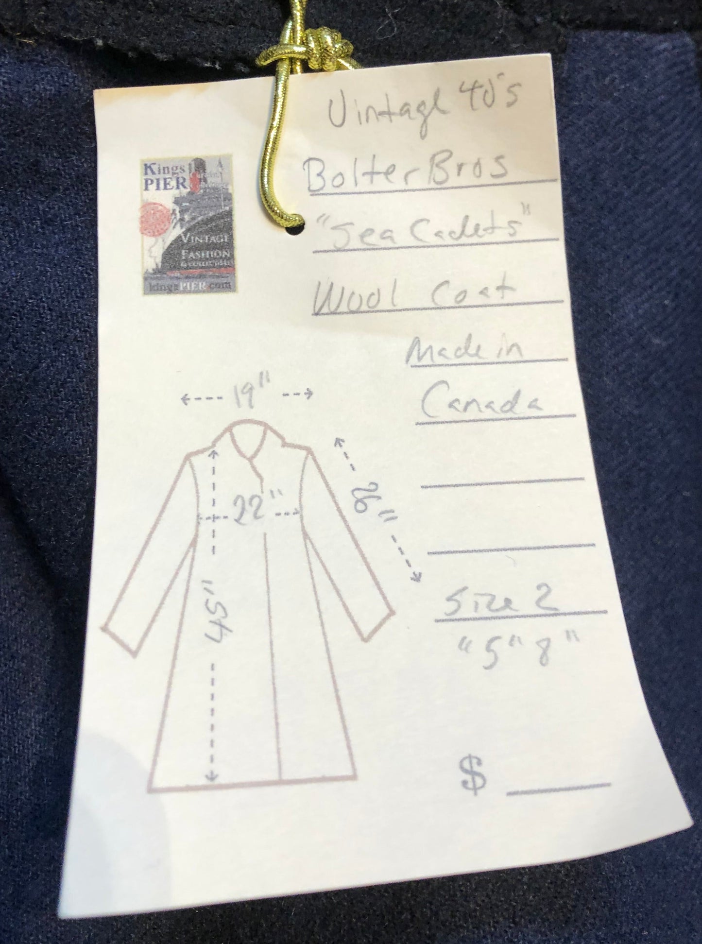 Kingspier Vintage - Rare Vintage 1940’s Bolter Bros Royal Canadian Sea Cadets double breasted long black wool coat. This coat features button closures, partial lining, two front pockets and two inside pockets.
Size 2/ 5ft 8
Made in Canada.