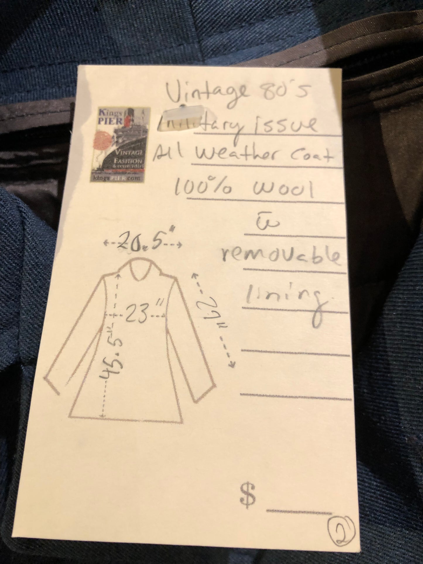 Kingspier Vintage - Vintage 90s Canadian Military Issue blue 100% wool all weather coat with removable quilted lining, button closures and two front pockets.
Made by Canadian Sportswear LTD.