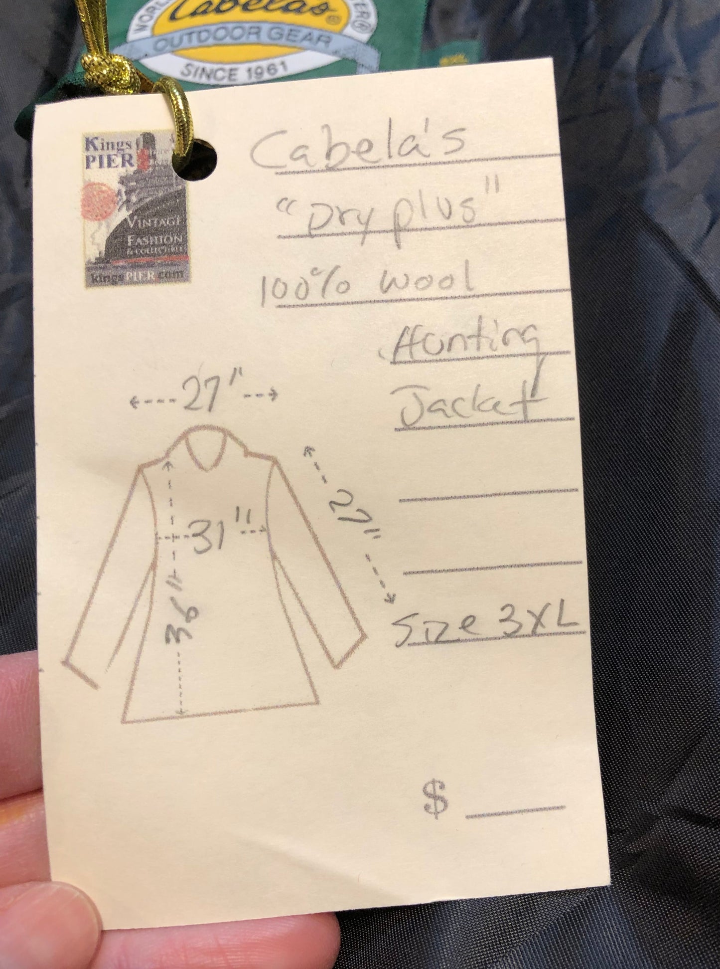 Kingspier Vintage - Cabela’s Dry Plus green 100% wool hunting jacket with snap and zipper closures, four front pockets and one back pocket.
Size 3XL Tall.