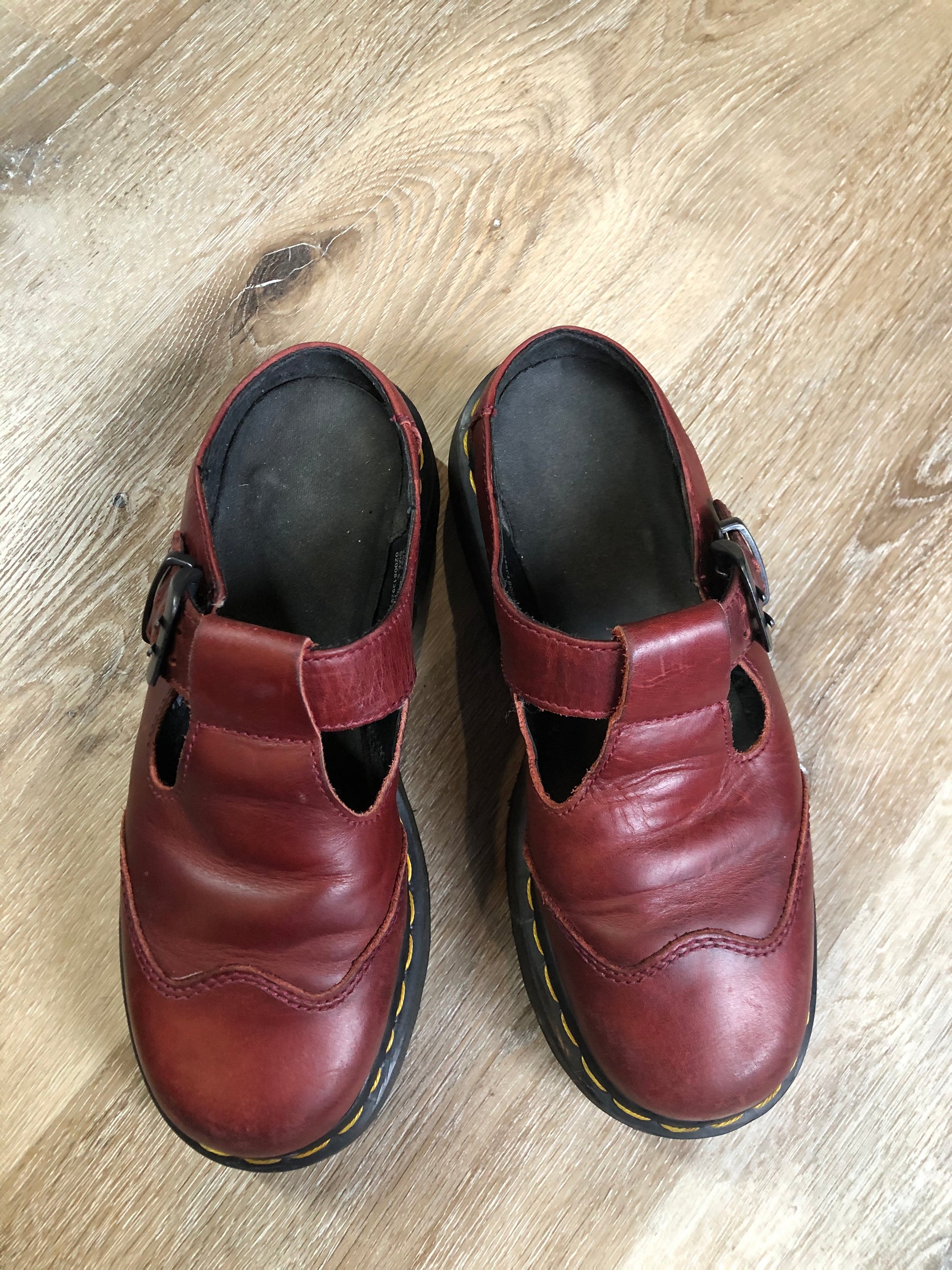 Vintage Doc Martens red smooth leather slip-on Mary Janes with Polley T-Bar strap and adjustable buckle, cap toe and air-cushioned sole. Made in England.
Size UK 6 or US 8 women’s 
*Shoes are in great condition with some minor wear in leather upper and soles.