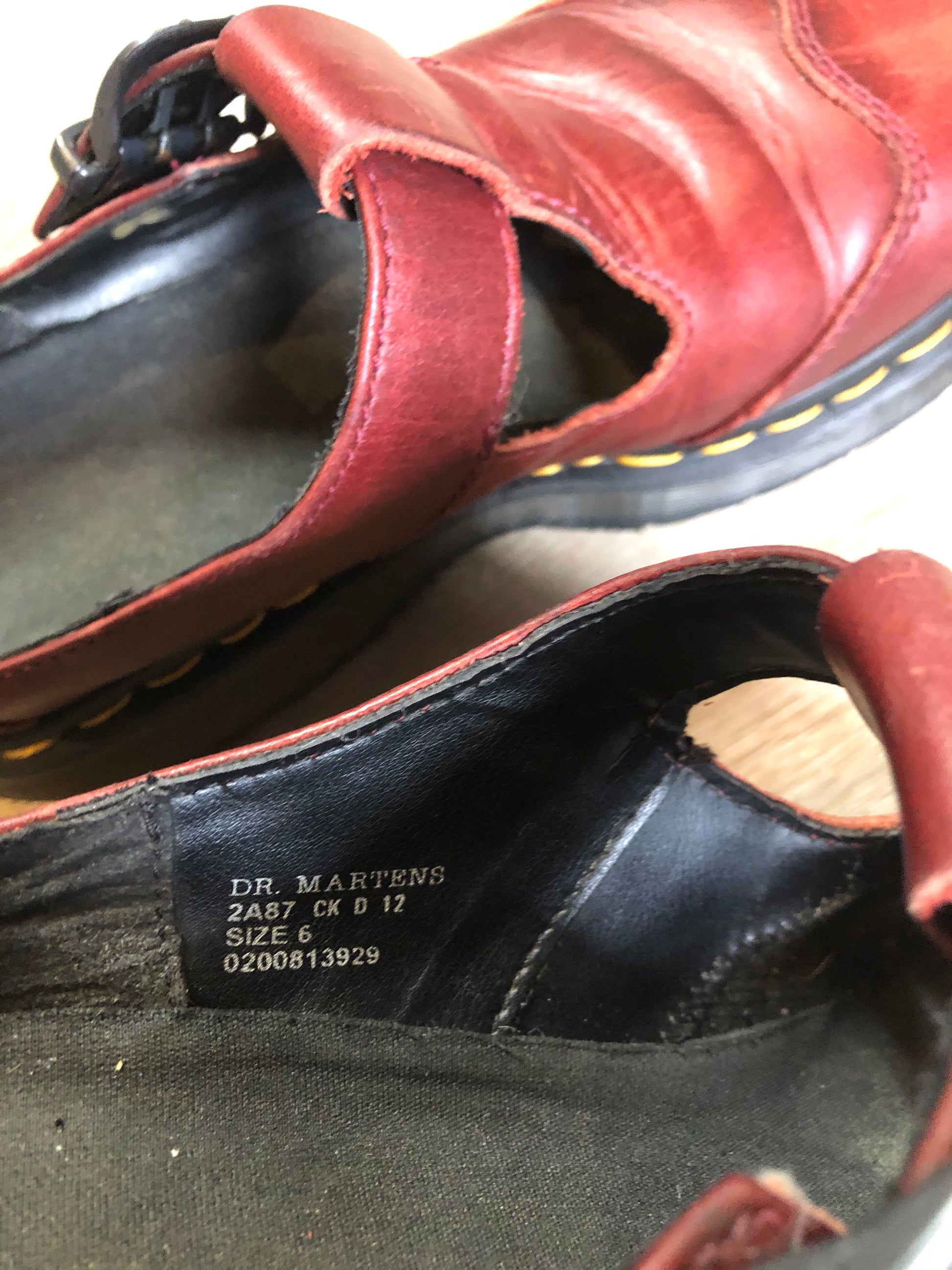 Vintage Doc Martens red smooth leather slip-on Mary Janes with Polley T-Bar strap and adjustable buckle, cap toe and air-cushioned sole. Made in England.
Size UK 6 or US 8 women’s 
*Shoes are in great condition with some minor wear in leather upper and soles.