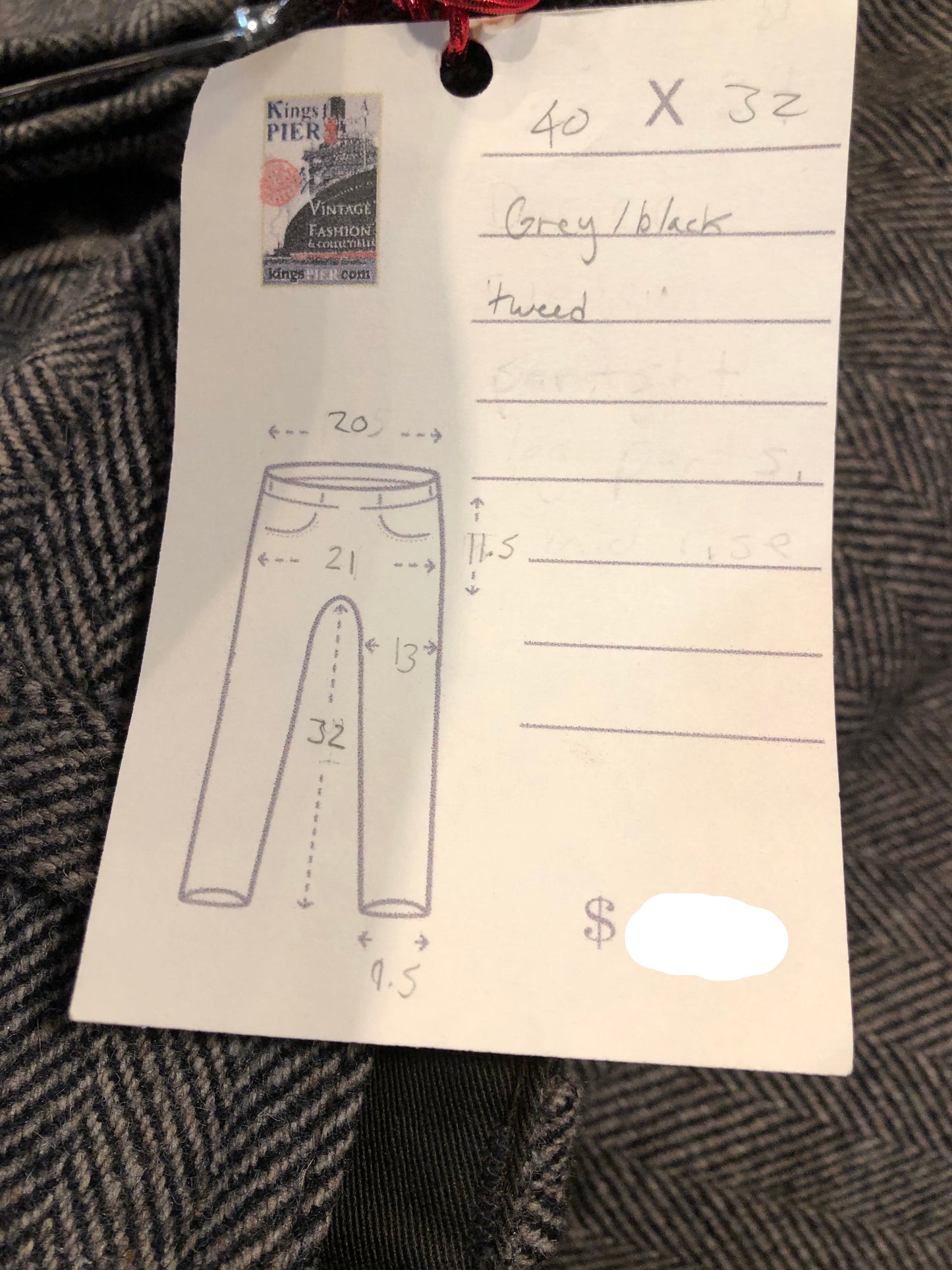 Kingspier Vintage - Vintage deadstock JP Hamill and Sons heavy wool blend pants in grey herringbone pattern with zip fly, and front and back pockets. Made in Canada.