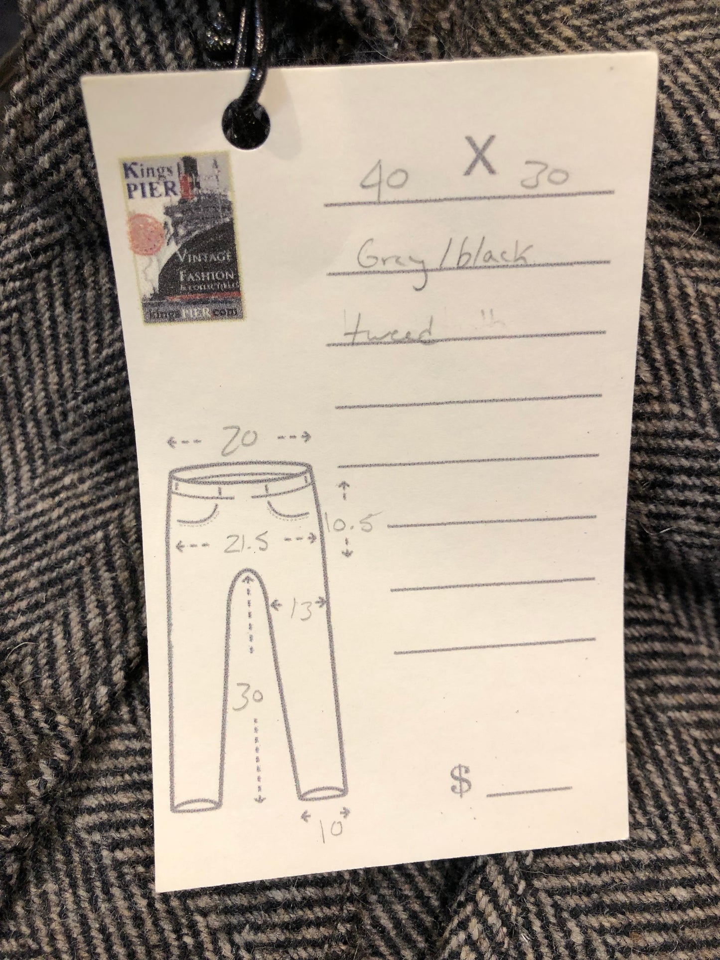 Kingspier Vintage - Vintage deadstock JP Hamill and Sons heavy wool blend pants in grey herringbone pattern with zip fly, and front and back pockets. Made in Canada.