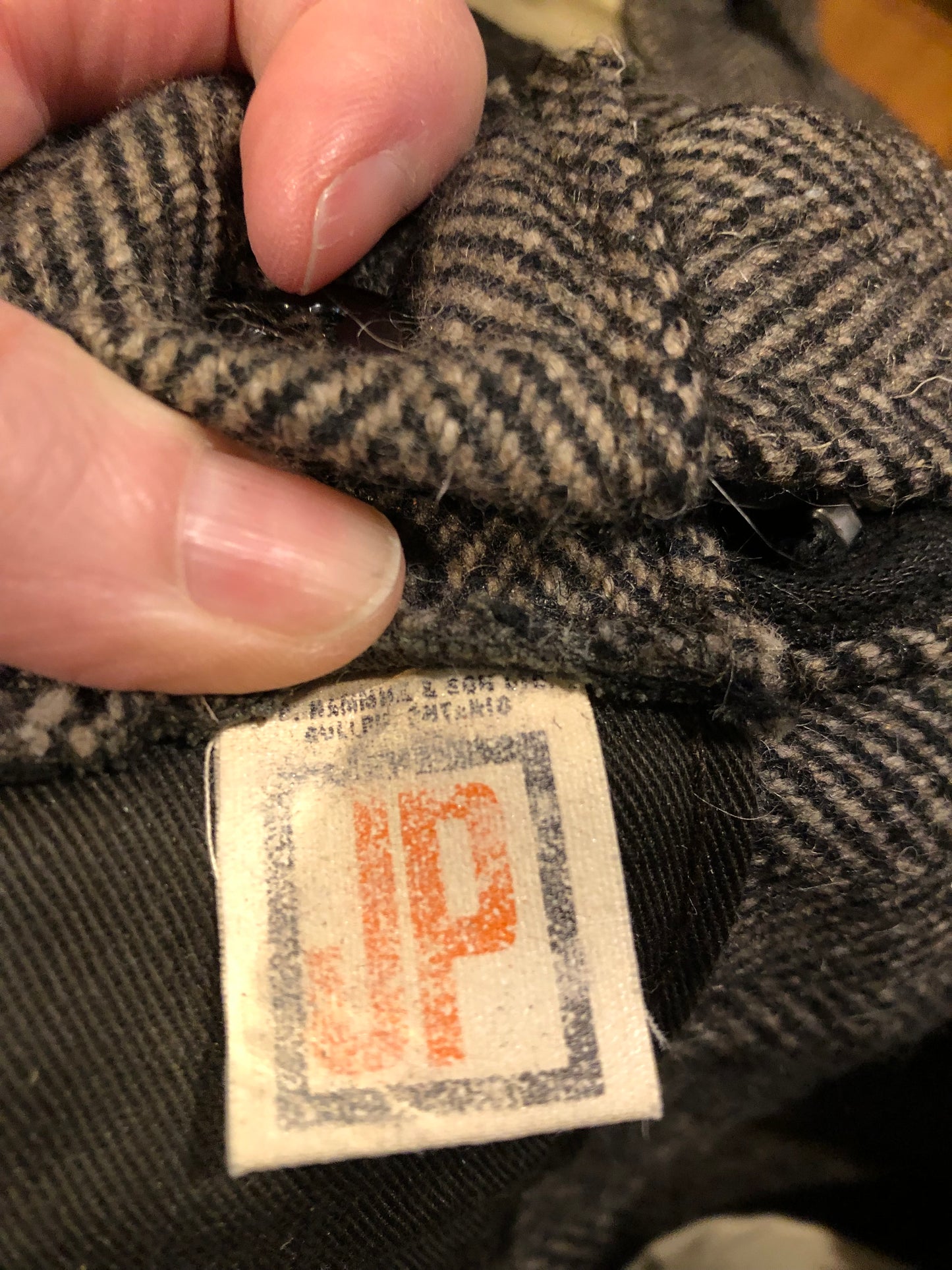 Kingspier Vintage - Vintage deadstock JP Hamill and Sons heavy wool blend pants in grey herringbone pattern with zip fly, and front and back pockets. Made in Canada.