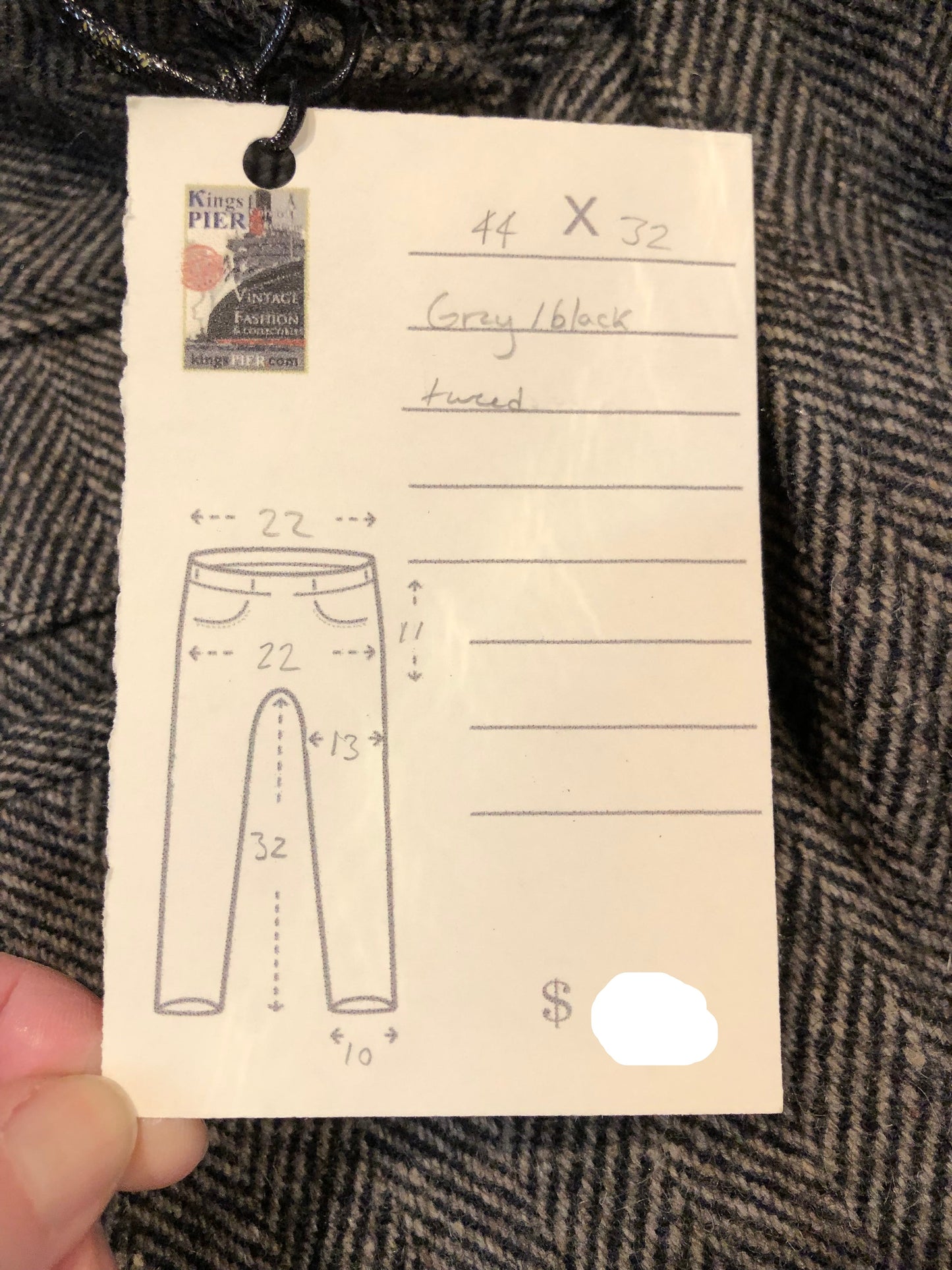 Kingspier Vintage - Vintage deadstock JP Hamill and Sons heavy wool blend pants in grey herringbone pattern with zip fly, and front and back pockets. Made in Canada.