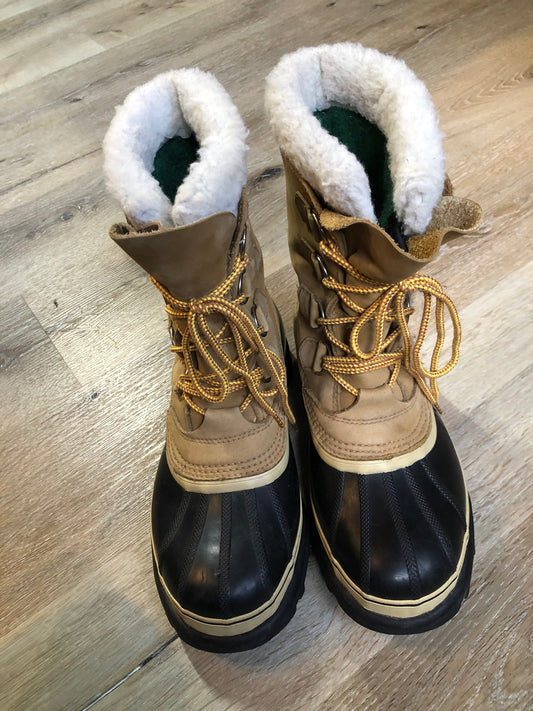 Sorel Caribou storm boots with wool insulation lining, waterproof construction and rubber outsole. 
Size 8 Womens
The uppers and soles are in excellent condition.